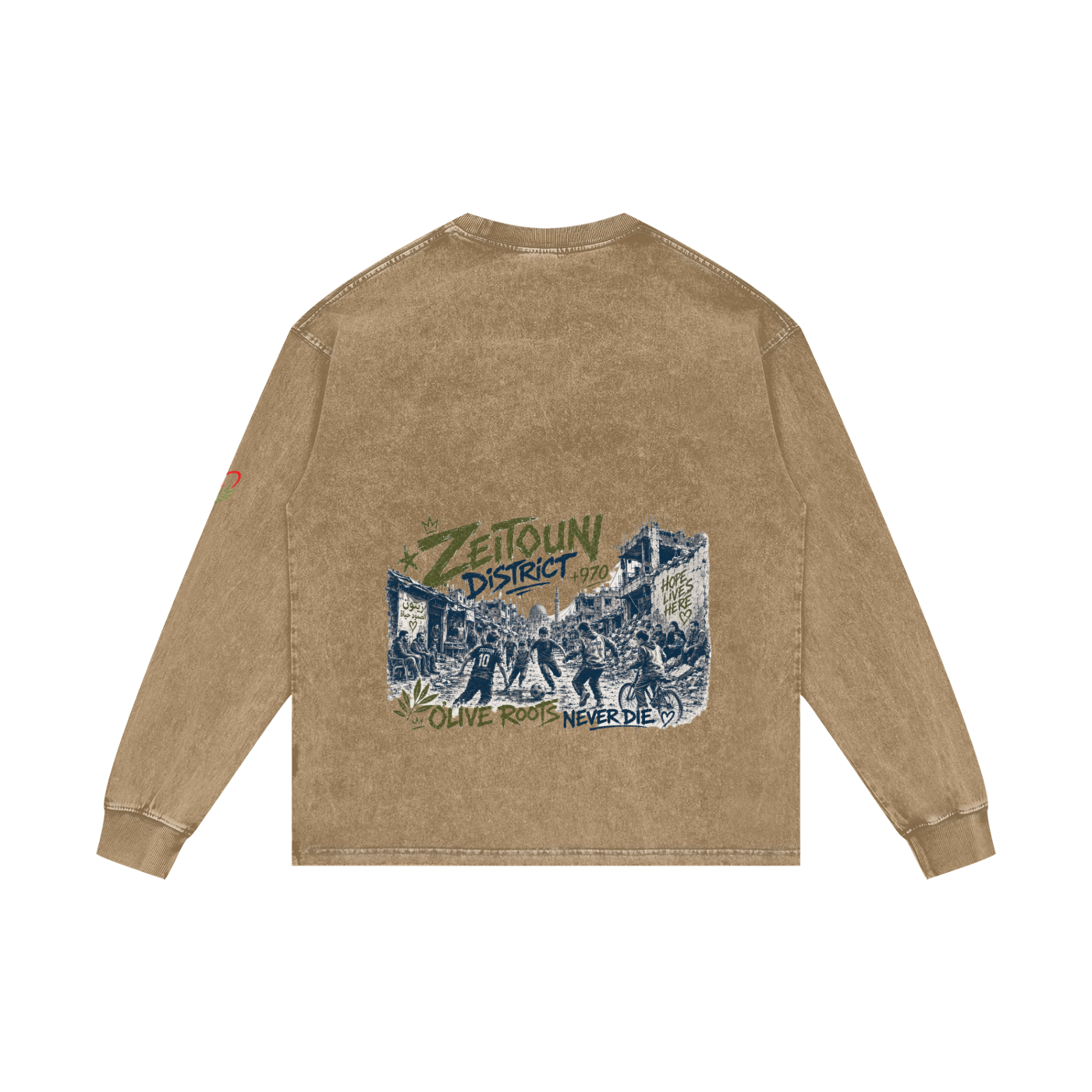 +970 Gaza Streets Olive Pulse Bird Wire Acid Wash Oversize Long Sleeve T-Shirt