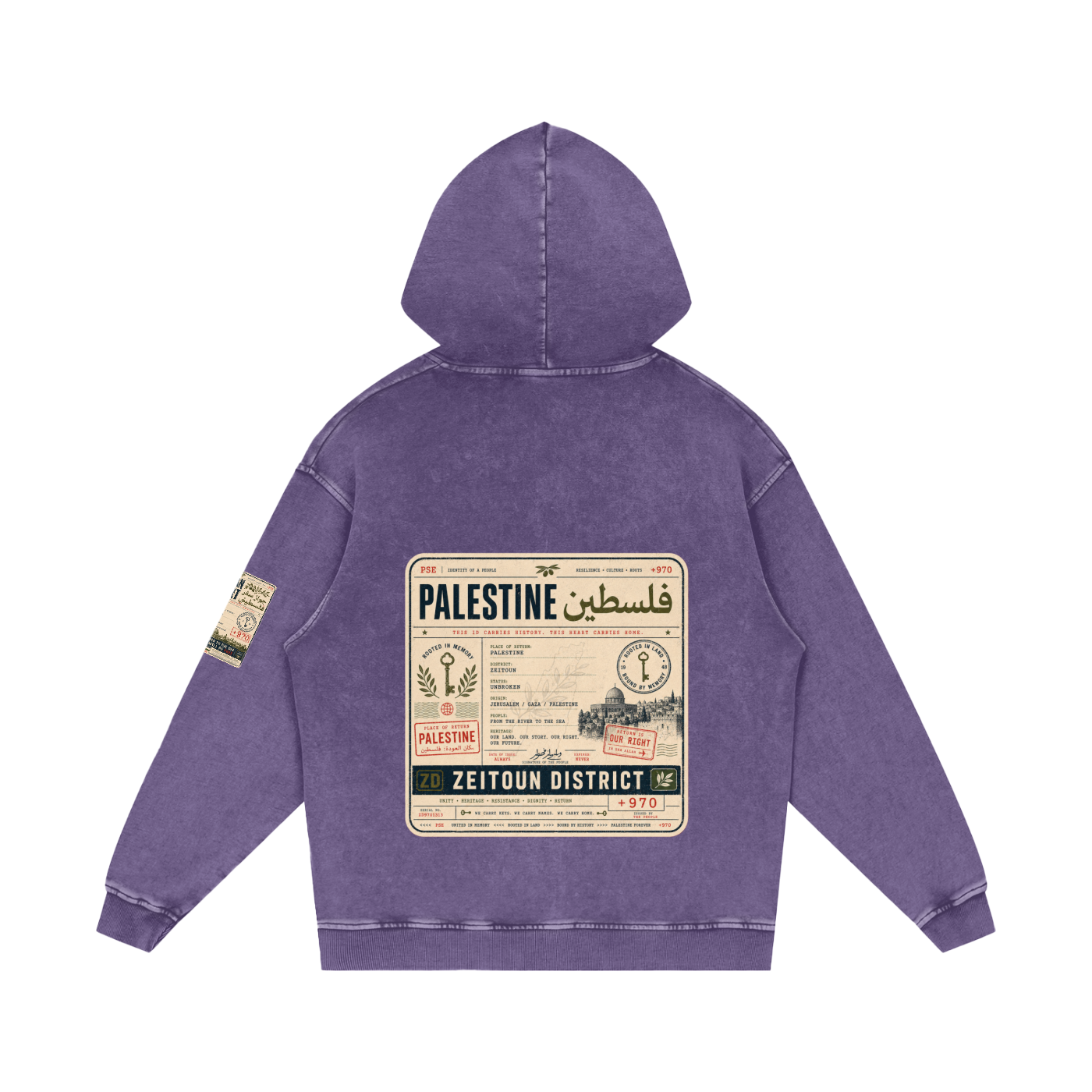 '+970 Palestine Passport Card Graphic Snow Washed Loose Cotton Hoodie