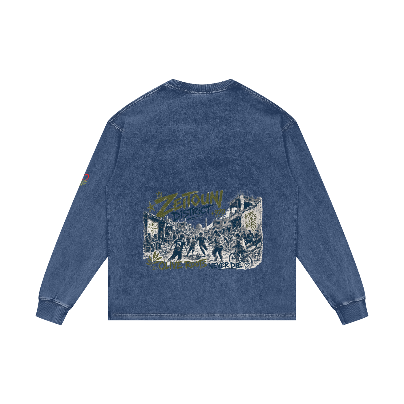 +970 Gaza Streets Olive Pulse Bird Wire Acid Wash Oversize Long Sleeve T-Shirt