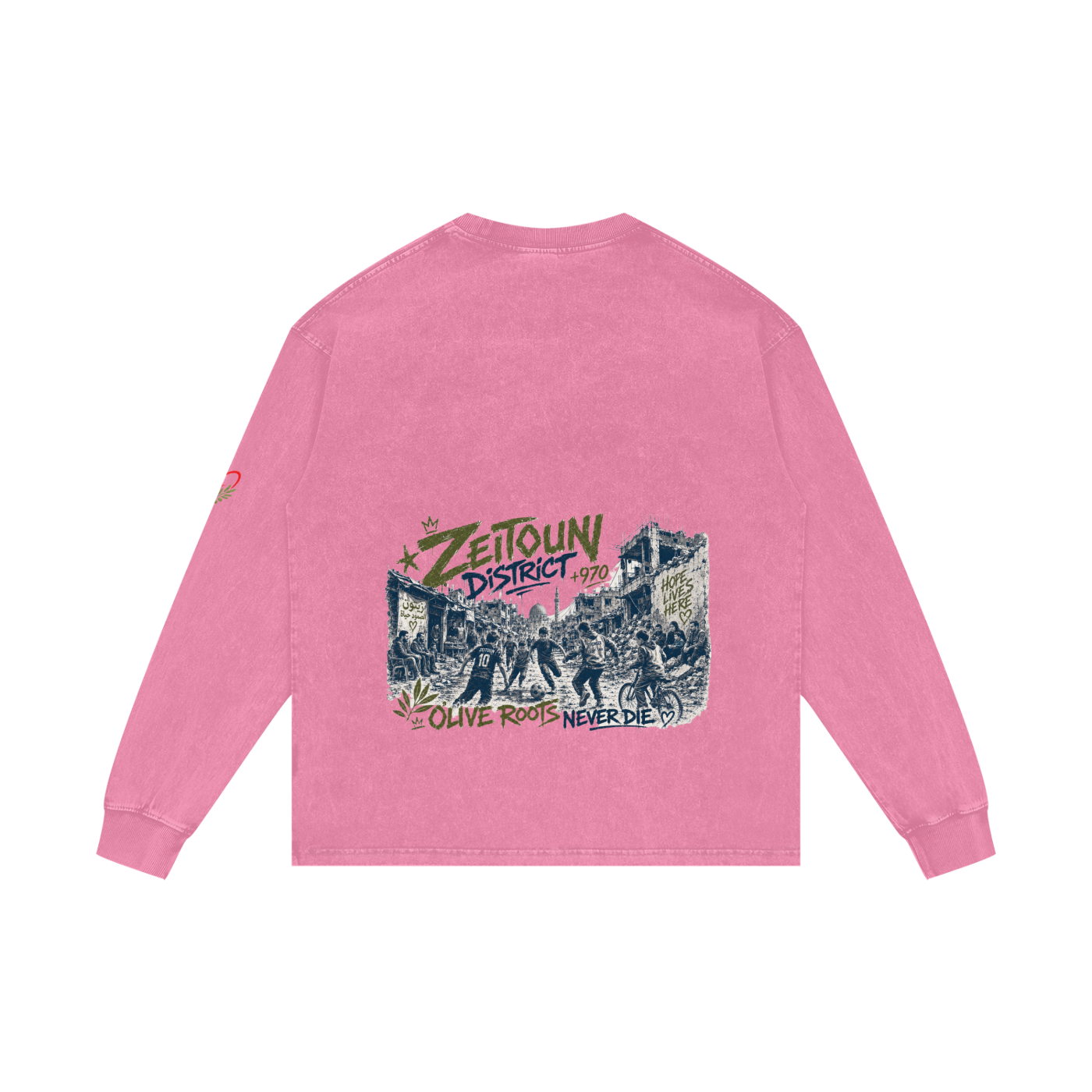 +970 Gaza Streets Olive Pulse Bird Wire Acid Wash Oversize Long Sleeve T-Shirt