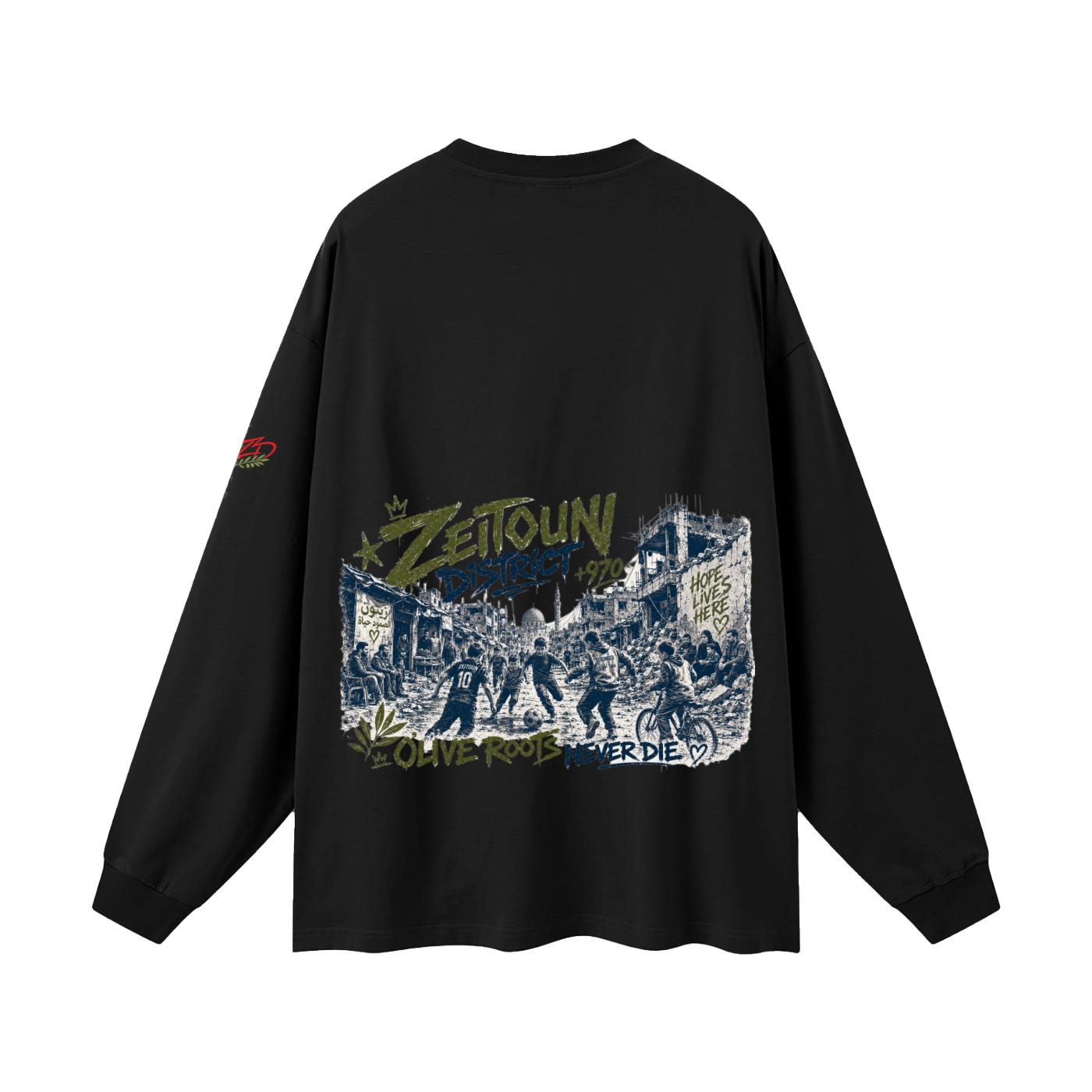 +970 Olive Wire: Gaza Streets Edition Oversized Unisex Long Sleeve T-Shirt — Zeitoun District