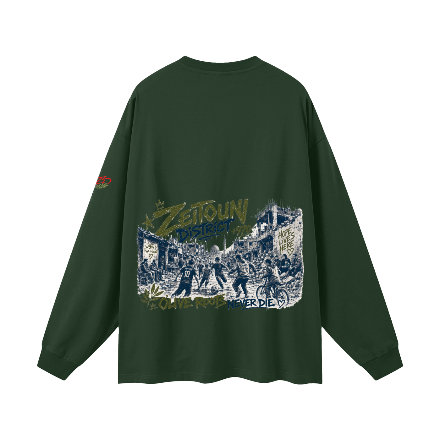 +970 Olive Wire: Gaza Streets Edition Oversized Unisex Long Sleeve T-Shirt — Zeitoun District