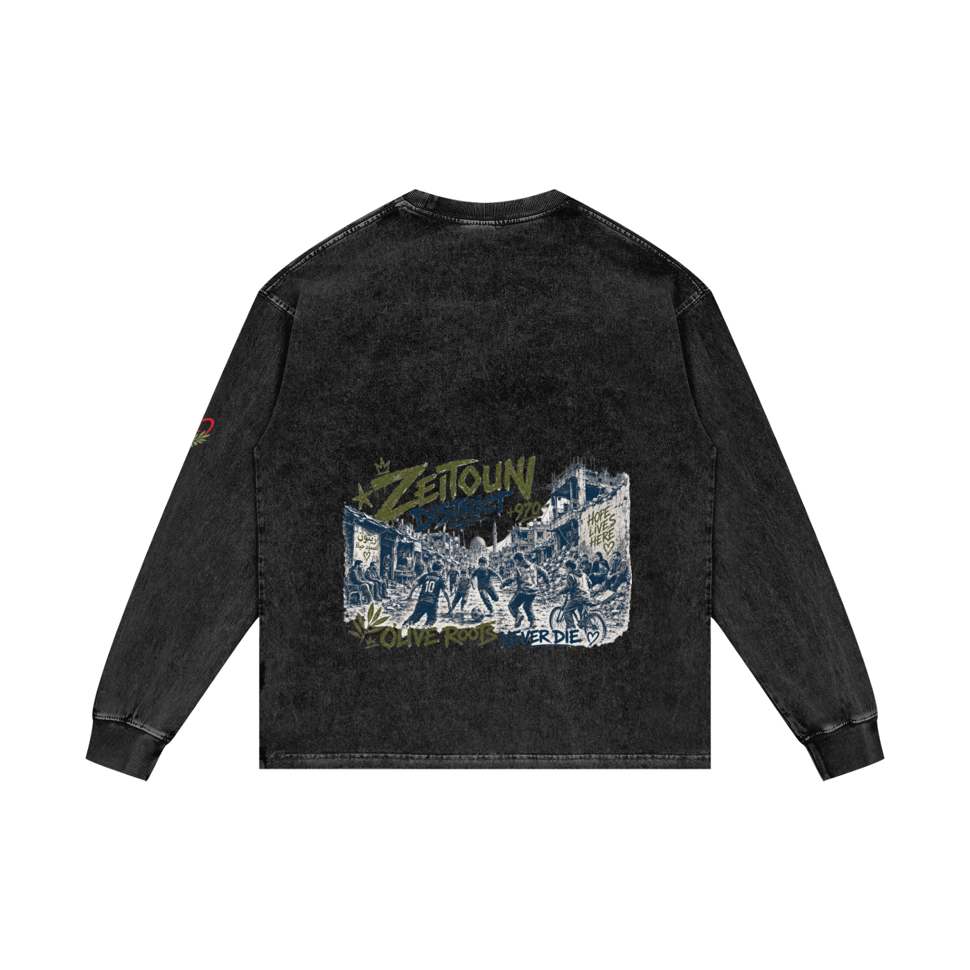 +970 Gaza Streets Olive Pulse Bird Wire Acid Wash Oversize Long Sleeve T-Shirt