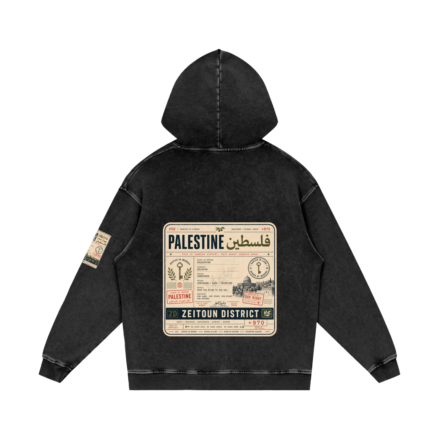 '+970 Palestine Passport Card Graphic Snow Washed Loose Cotton Hoodie