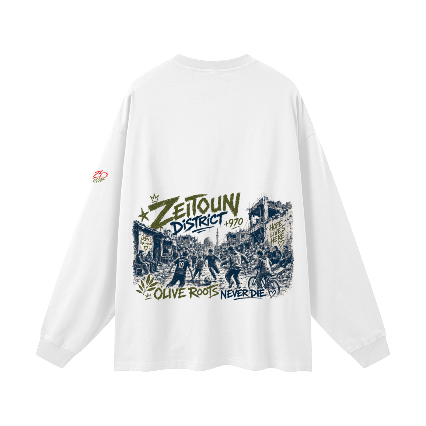 +970 Olive Wire: Gaza Streets Edition Oversized Unisex Long Sleeve T-Shirt — Zeitoun District