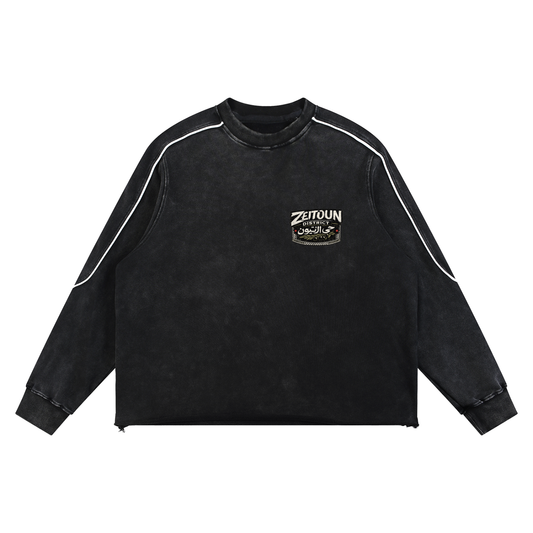 Zeitoun Olive Stamp Mineral Wash Piping Raw Hem Sweatshirt