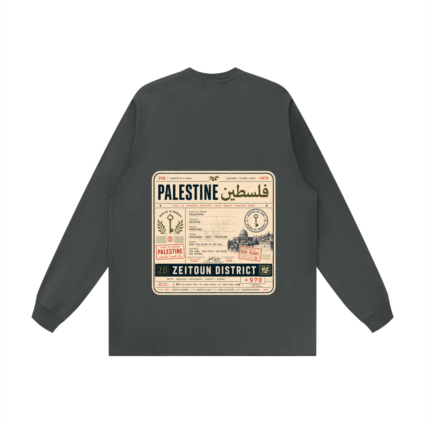 '+970 Palestine Passport Card Graphic Raw Hem Long Sleeve T-Shirt