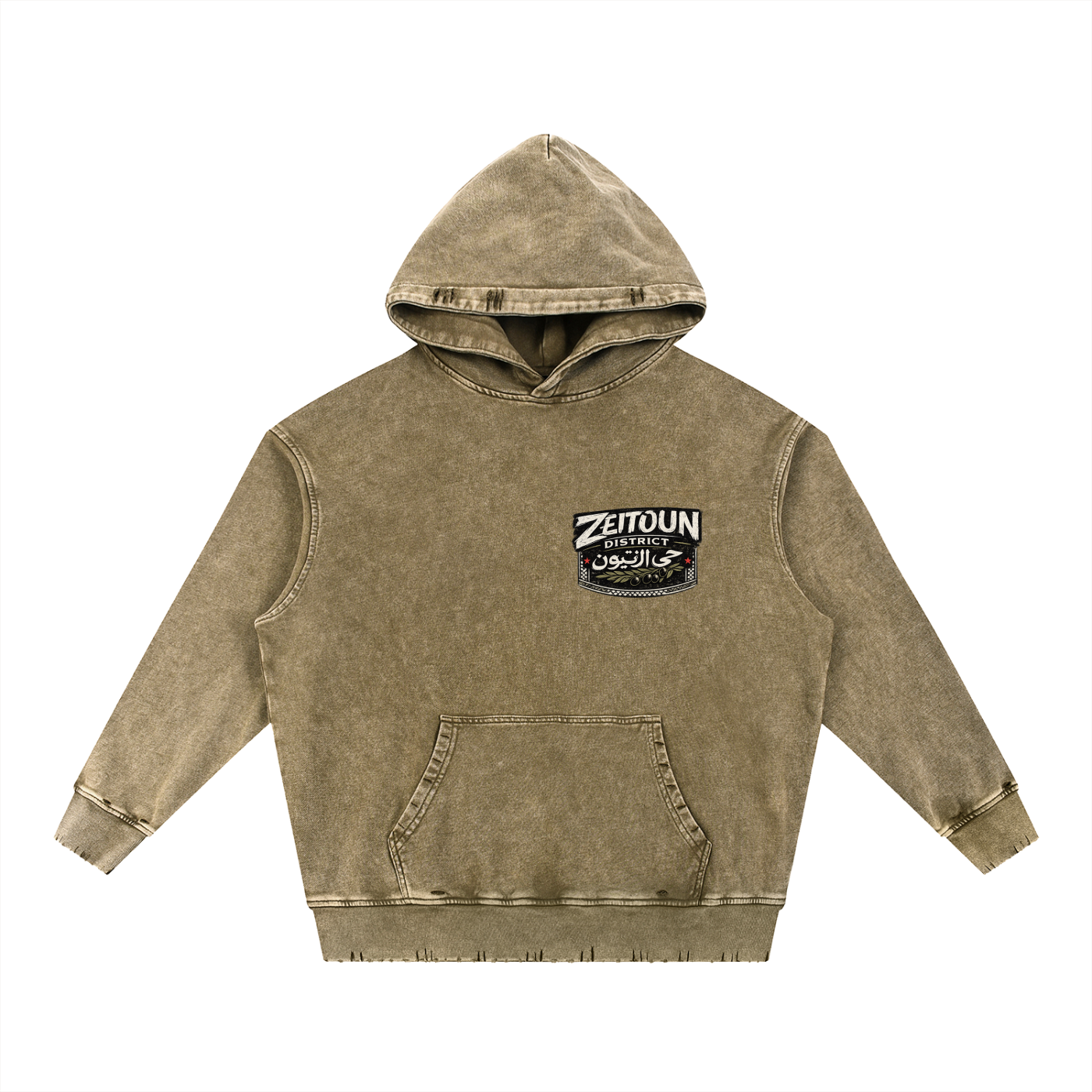 Zeitoun Olive Stamp Snow Wash Hand-Frayed Heavyweight  Hoodie