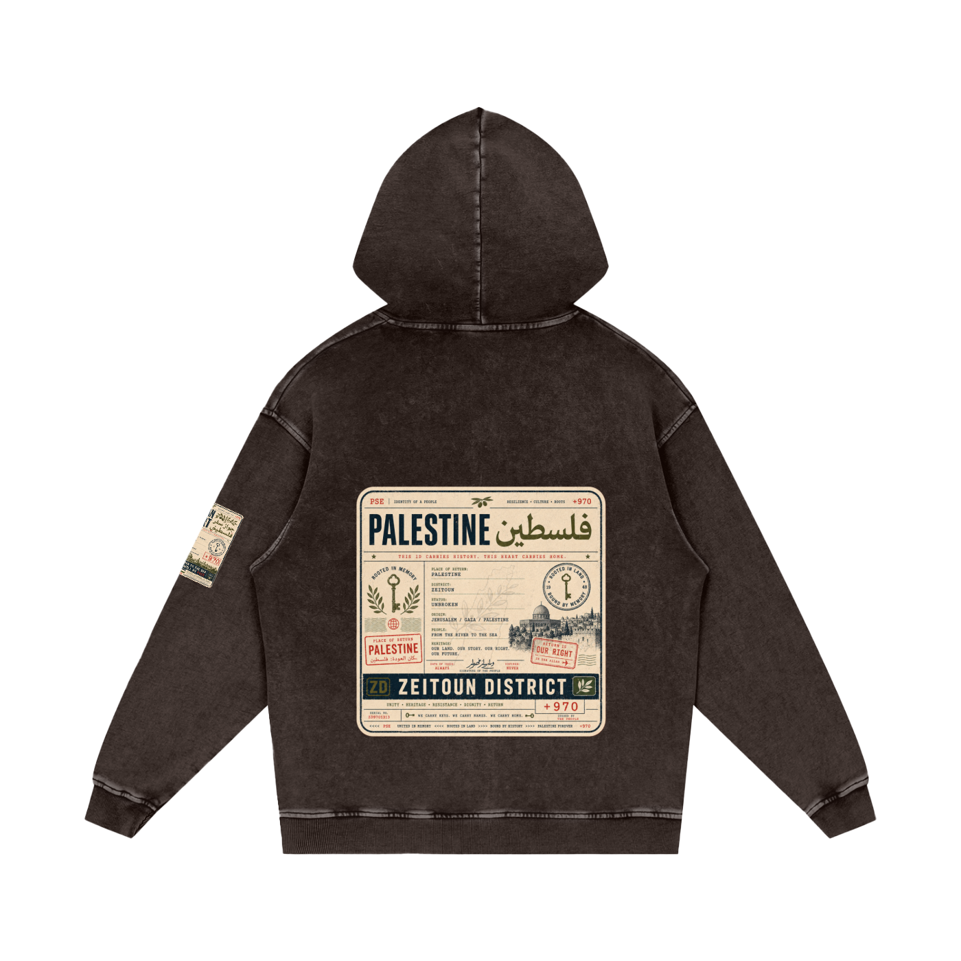 '+970 Palestine Passport Card Graphic Snow Washed Loose Cotton Hoodie