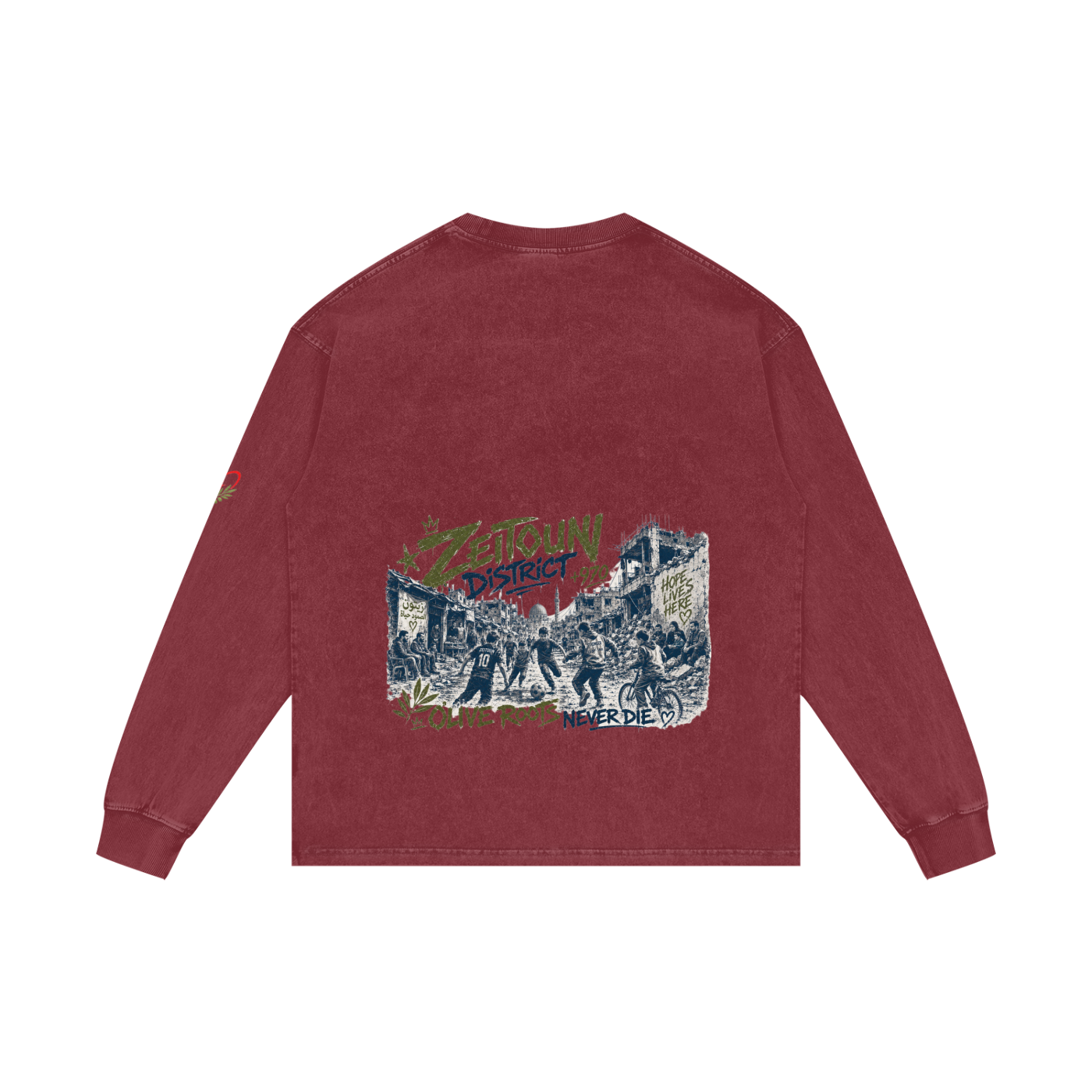 +970 Gaza Streets Olive Pulse Bird Wire Acid Wash Oversize Long Sleeve T-Shirt