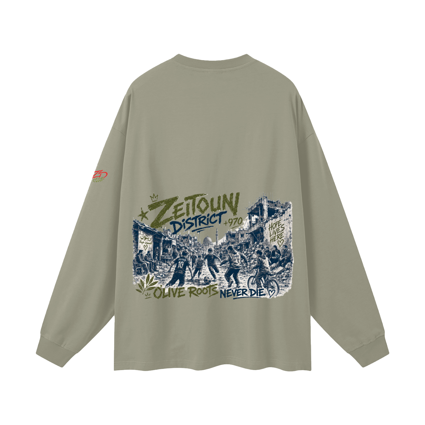 +970 Olive Wire: Gaza Streets Edition Oversized Unisex Long Sleeve T-Shirt — Zeitoun District