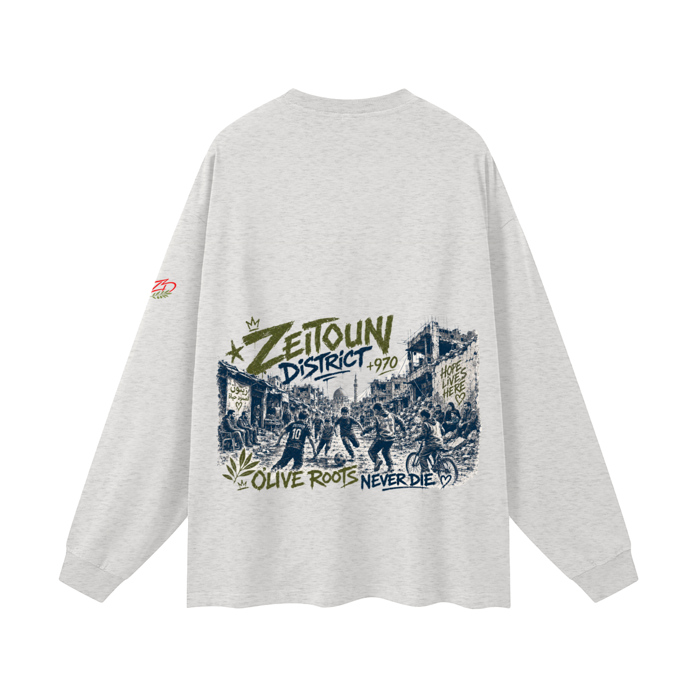 +970 Olive Wire: Gaza Streets Edition Oversized Unisex Long Sleeve T-Shirt — Zeitoun District