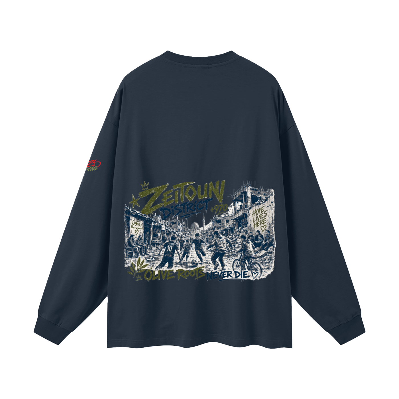 +970 Olive Wire: Gaza Streets Edition Oversized Unisex Long Sleeve T-Shirt — Zeitoun District