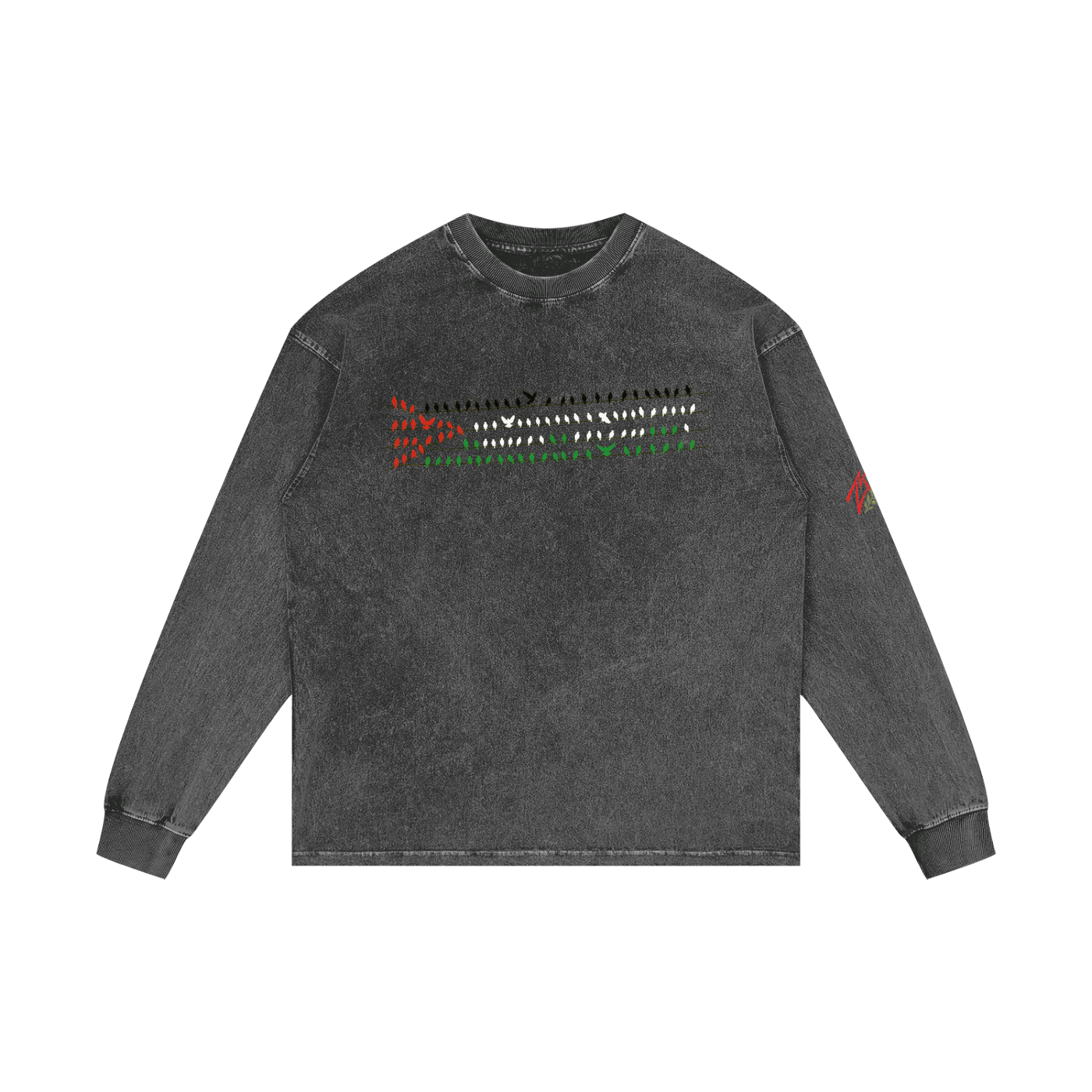 +970 Gaza Streets Olive Pulse Bird Wire Acid Wash Oversize Long Sleeve T-Shirt