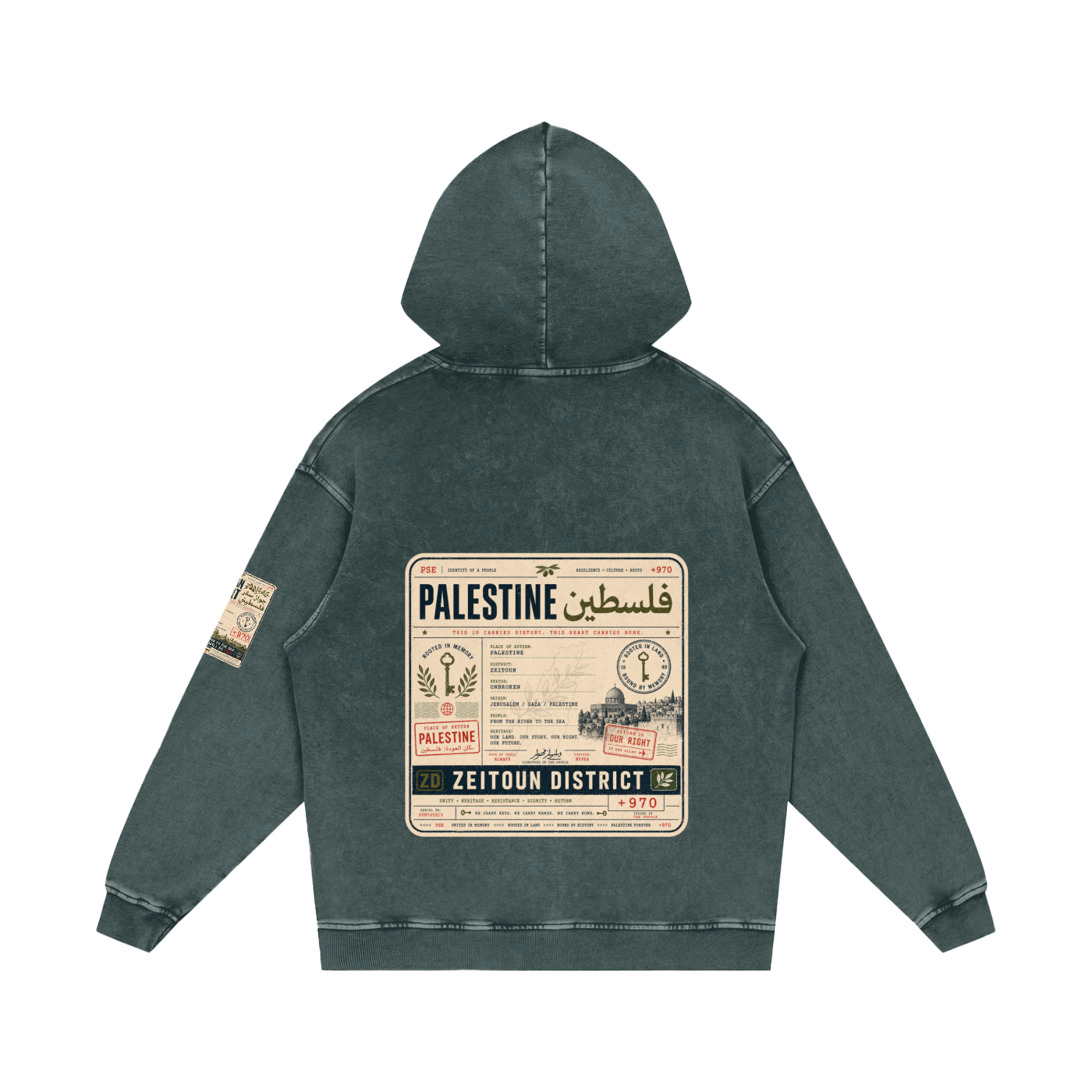 '+970 Palestine Passport Card Graphic Snow Washed Loose Cotton Hoodie