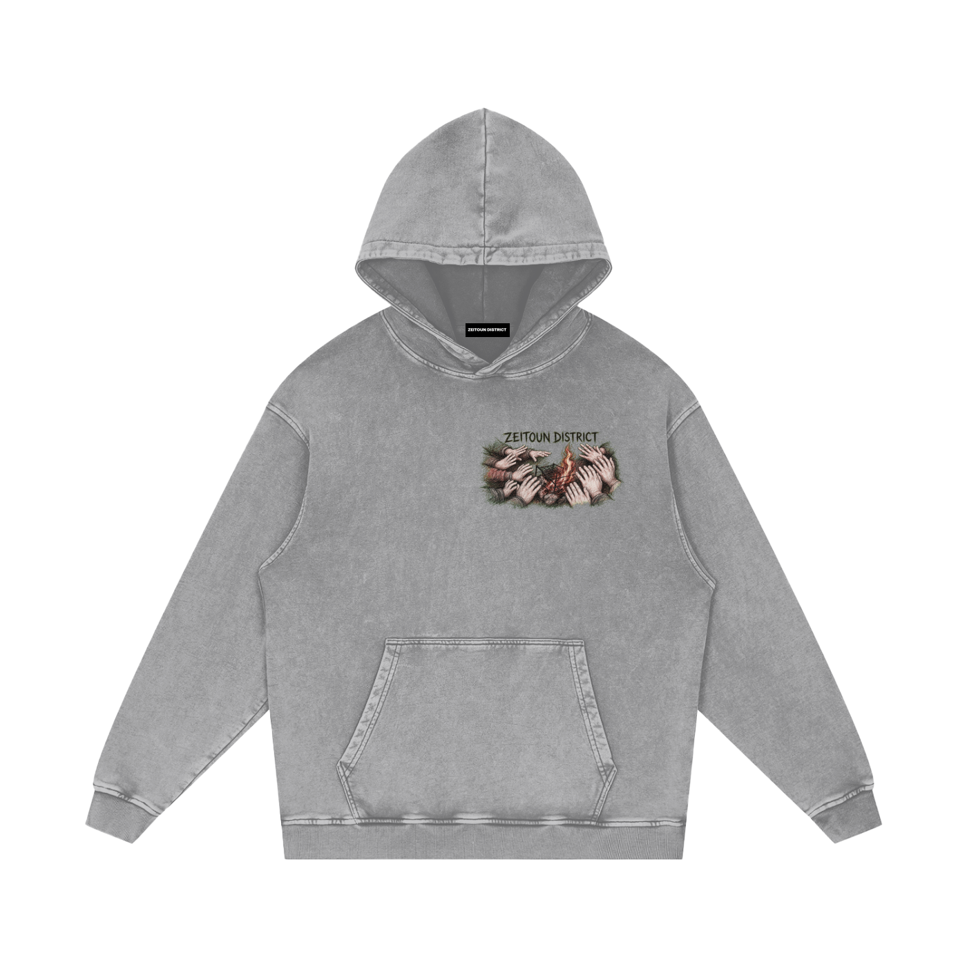Hands Around the Fire Snow Washed Loose Cotton Hoodie