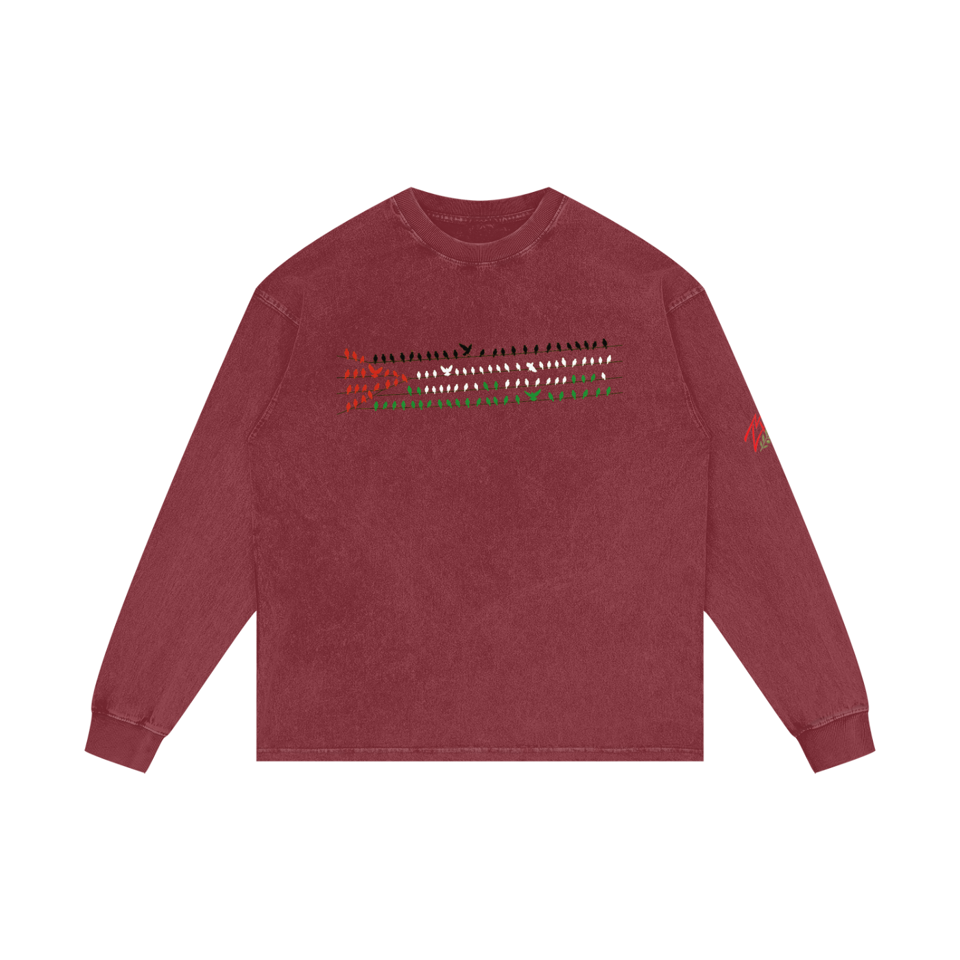 +970 Gaza Streets Olive Pulse Bird Wire Acid Wash Oversize Long Sleeve T-Shirt