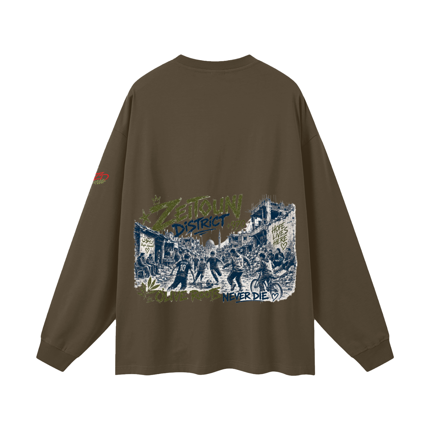 +970 Olive Wire: Gaza Streets Edition Oversized Unisex Long Sleeve T-Shirt — Zeitoun District