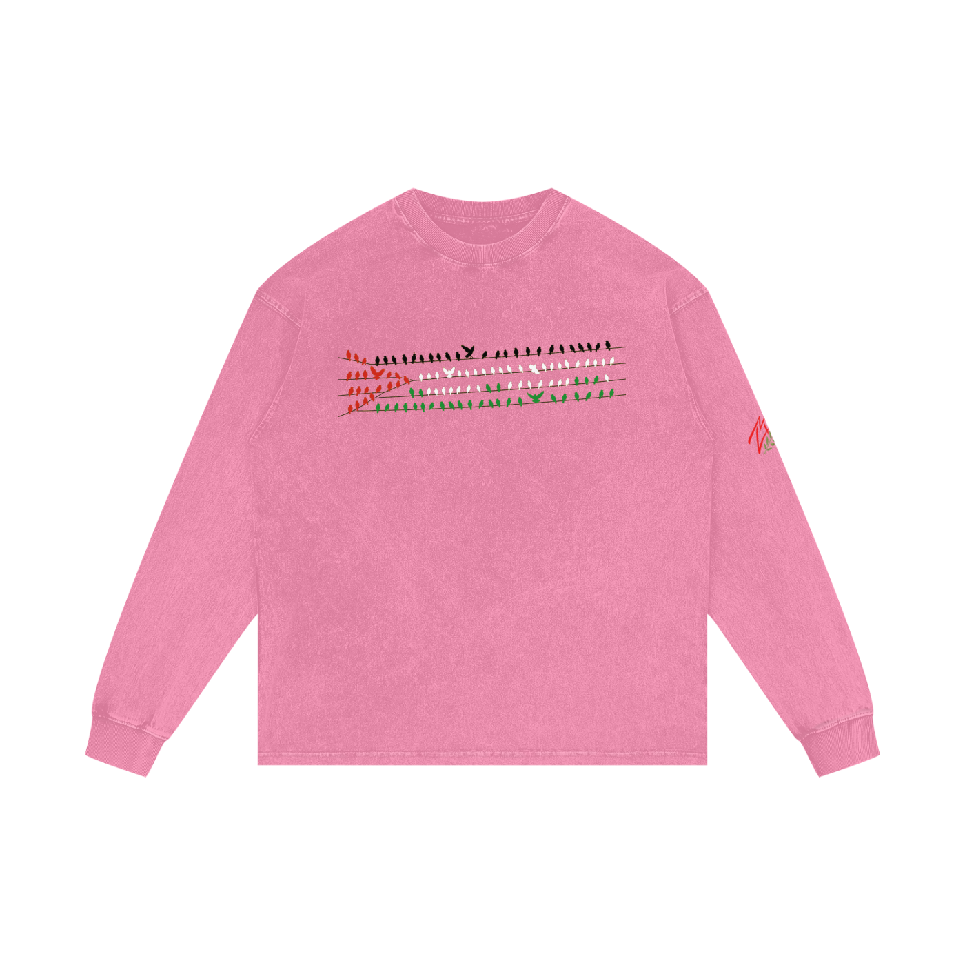 +970 Gaza Streets Olive Pulse Bird Wire Acid Wash Oversize Long Sleeve T-Shirt