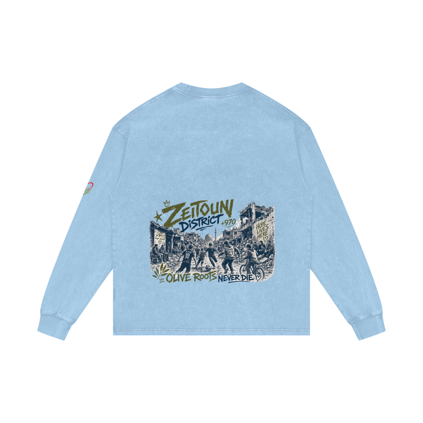 +970 Gaza Streets Olive Pulse Bird Wire Acid Wash Oversize Long Sleeve T-Shirt