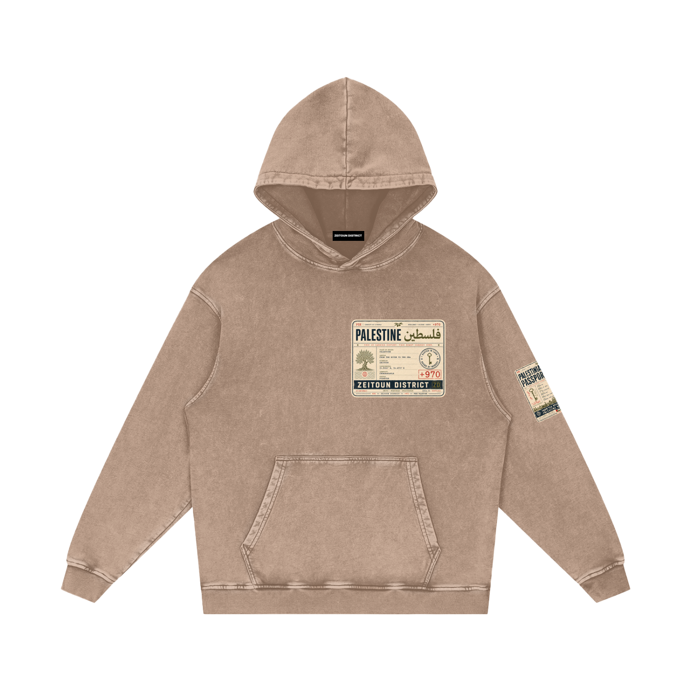 '+970 Palestine Passport Card Graphic Snow Washed Loose Cotton Hoodie