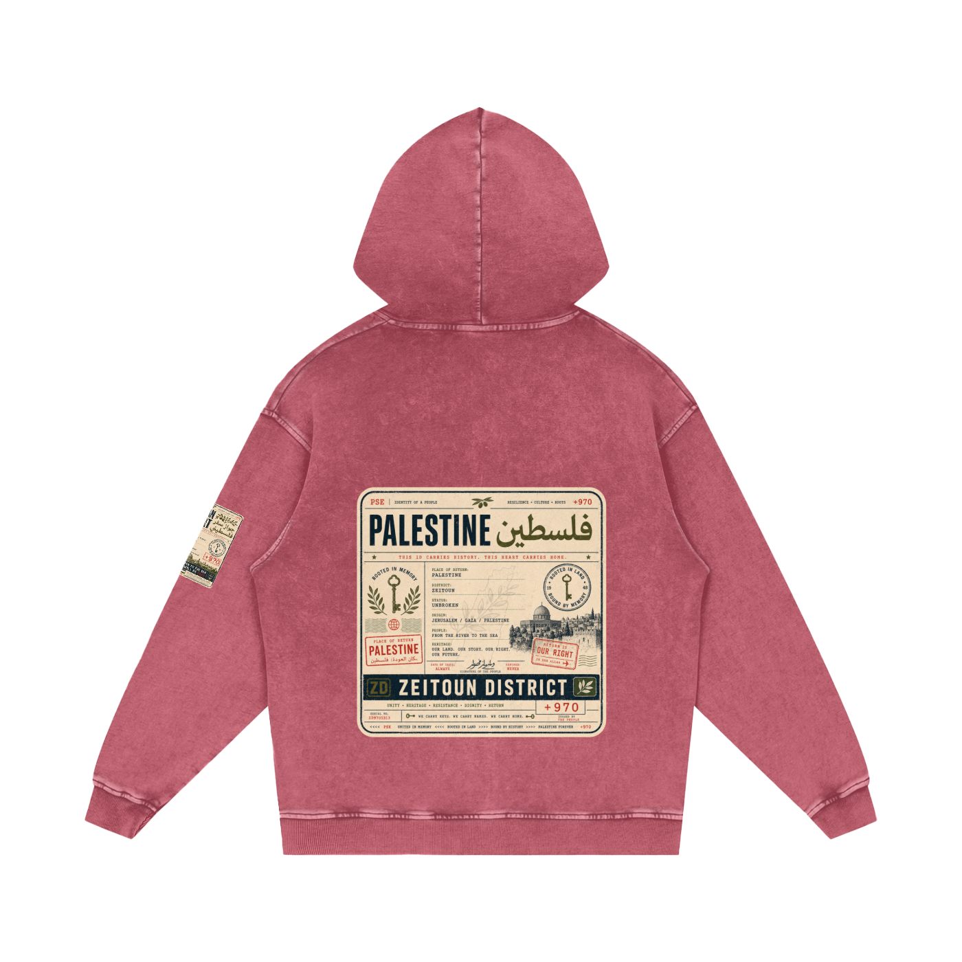 '+970 Palestine Passport Card Graphic Snow Washed Loose Cotton Hoodie