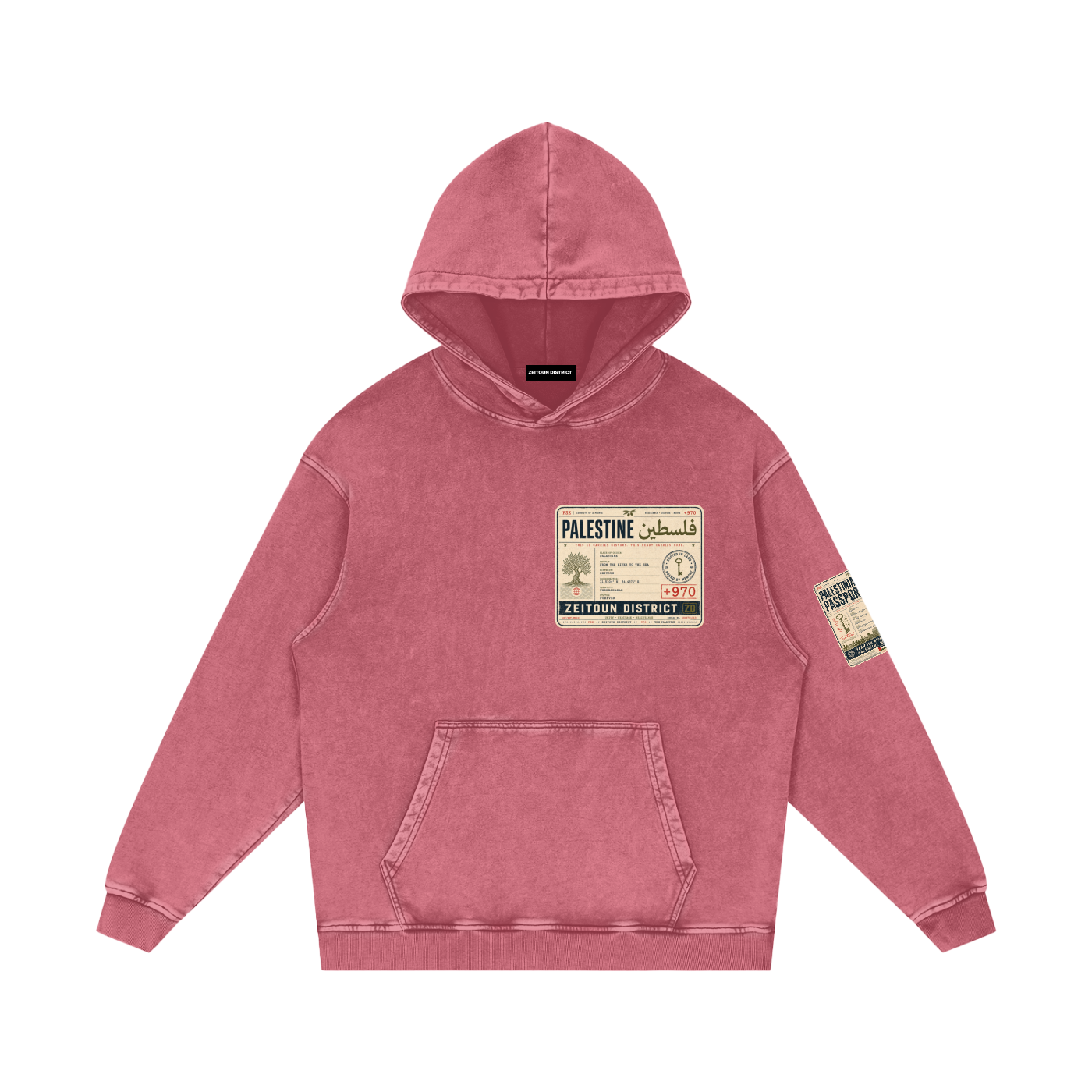 '+970 Palestine Passport Card Graphic Snow Washed Loose Cotton Hoodie