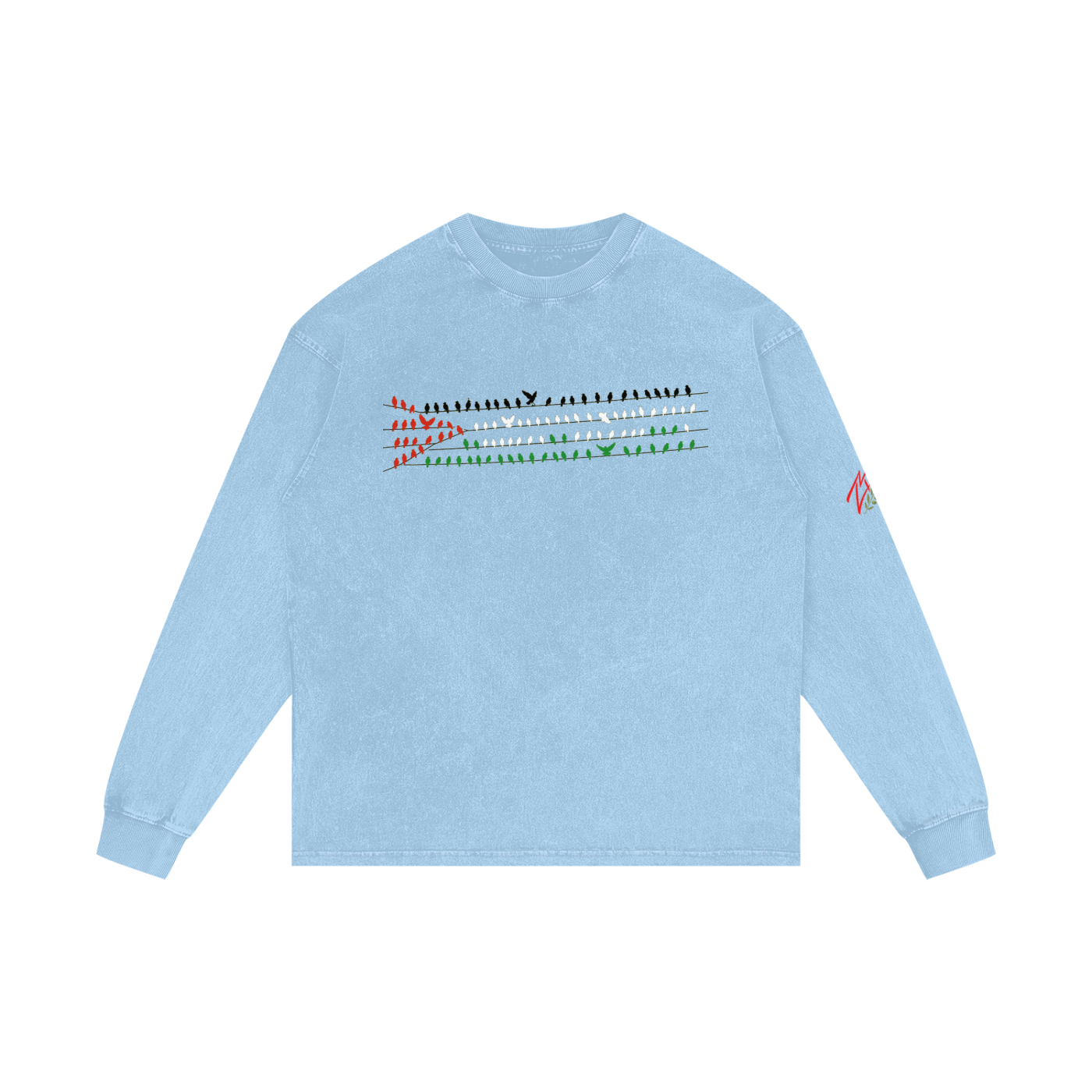 +970 Gaza Streets Olive Pulse Bird Wire Acid Wash Oversize Long Sleeve T-Shirt