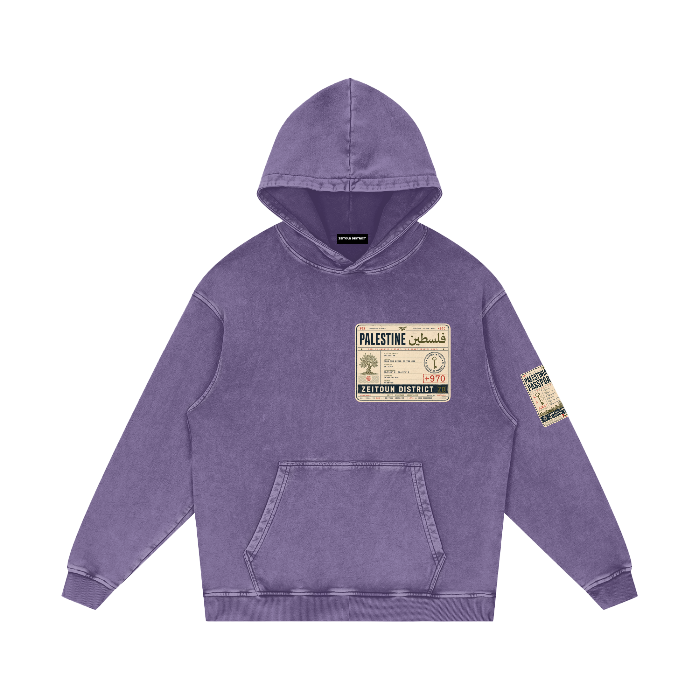 '+970 Palestine Passport Card Graphic Snow Washed Loose Cotton Hoodie