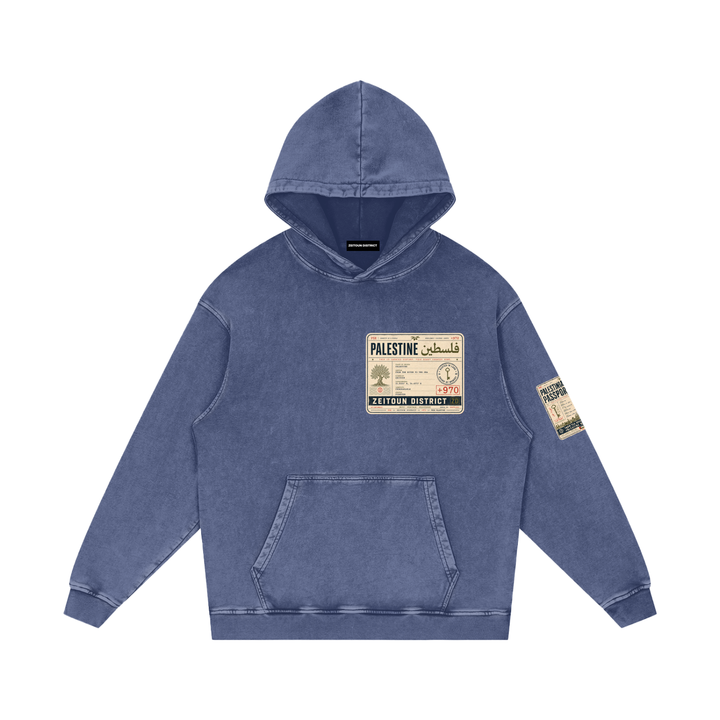 '+970 Palestine Passport Card Graphic Snow Washed Loose Cotton Hoodie