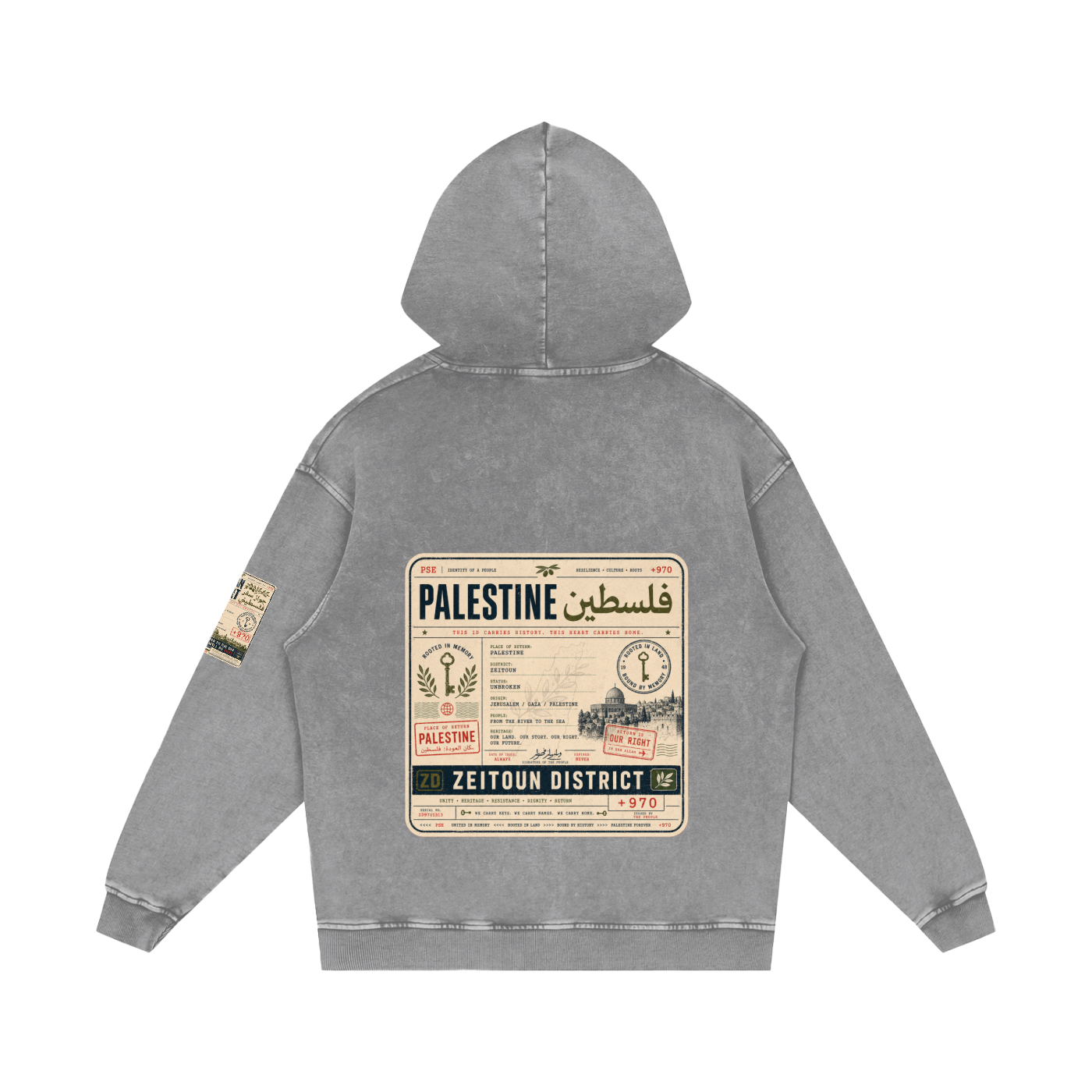 '+970 Palestine Passport Card Graphic Snow Washed Loose Cotton Hoodie