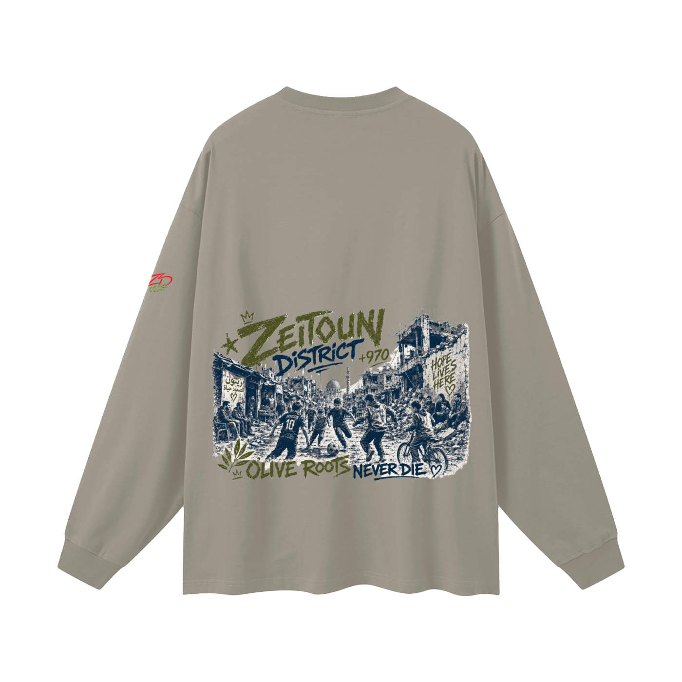 +970 Olive Wire: Gaza Streets Edition Oversized Unisex Long Sleeve T-Shirt — Zeitoun District