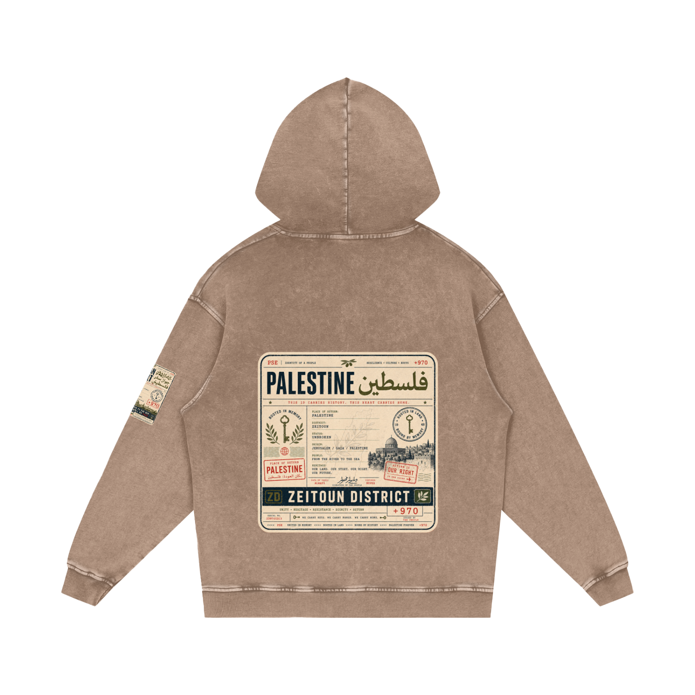 '+970 Palestine Passport Card Graphic Snow Washed Loose Cotton Hoodie