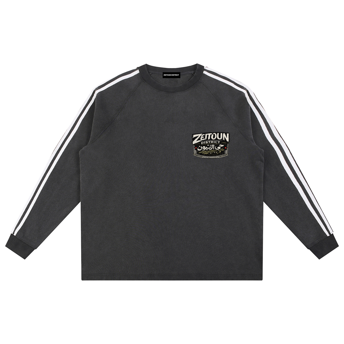 Zeitoun Olive Stamp Snow Washed Contrast Tape Sweatshirt