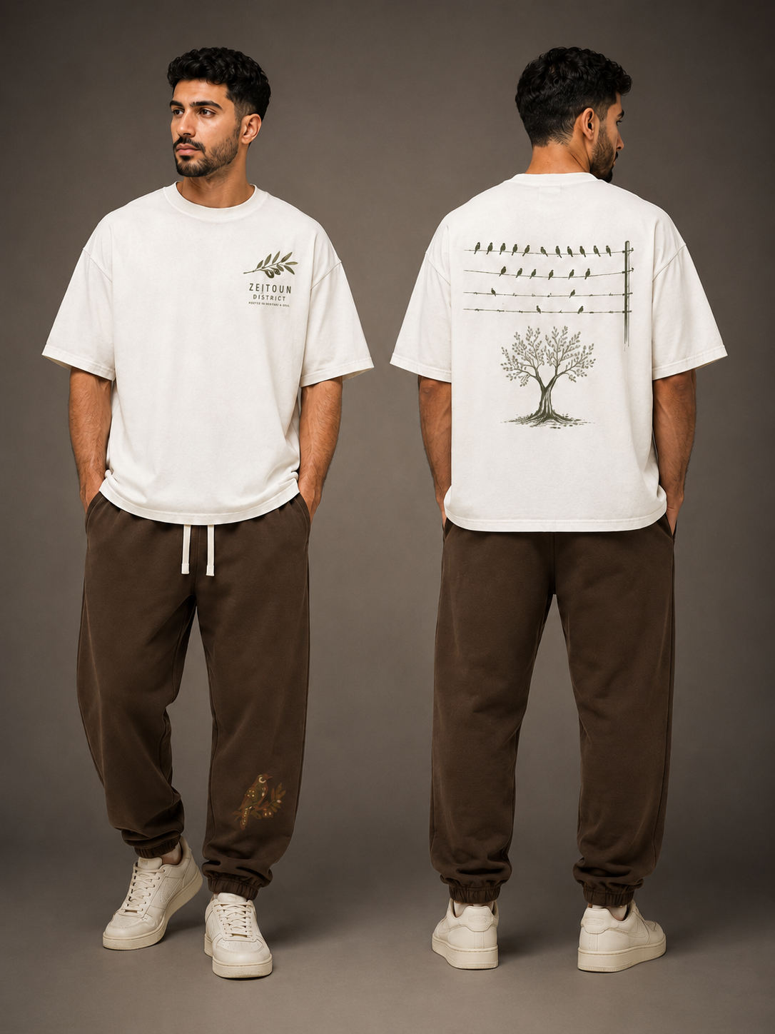 Birds on Wire Vintage Wash Drop Shoulder T-shirt - front and back view