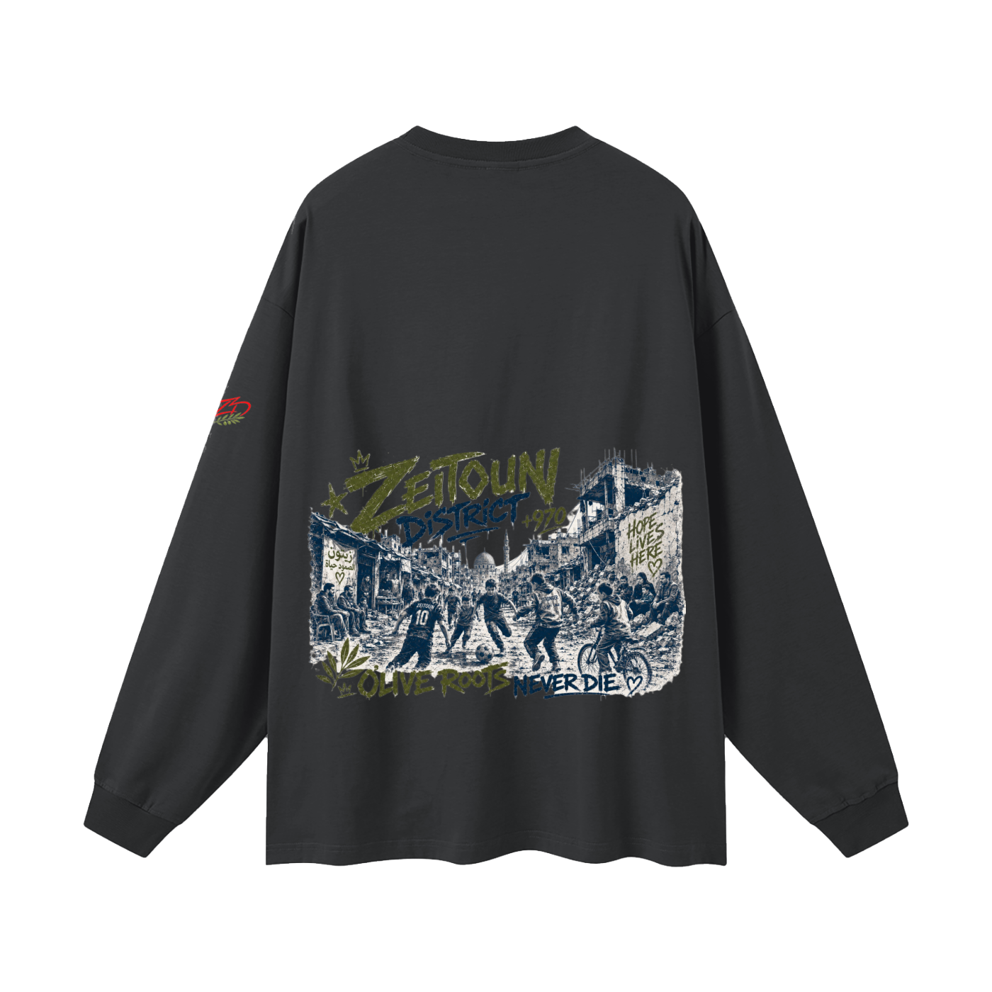+970 Olive Wire: Gaza Streets Edition Oversized Unisex Long Sleeve T-Shirt — Zeitoun District