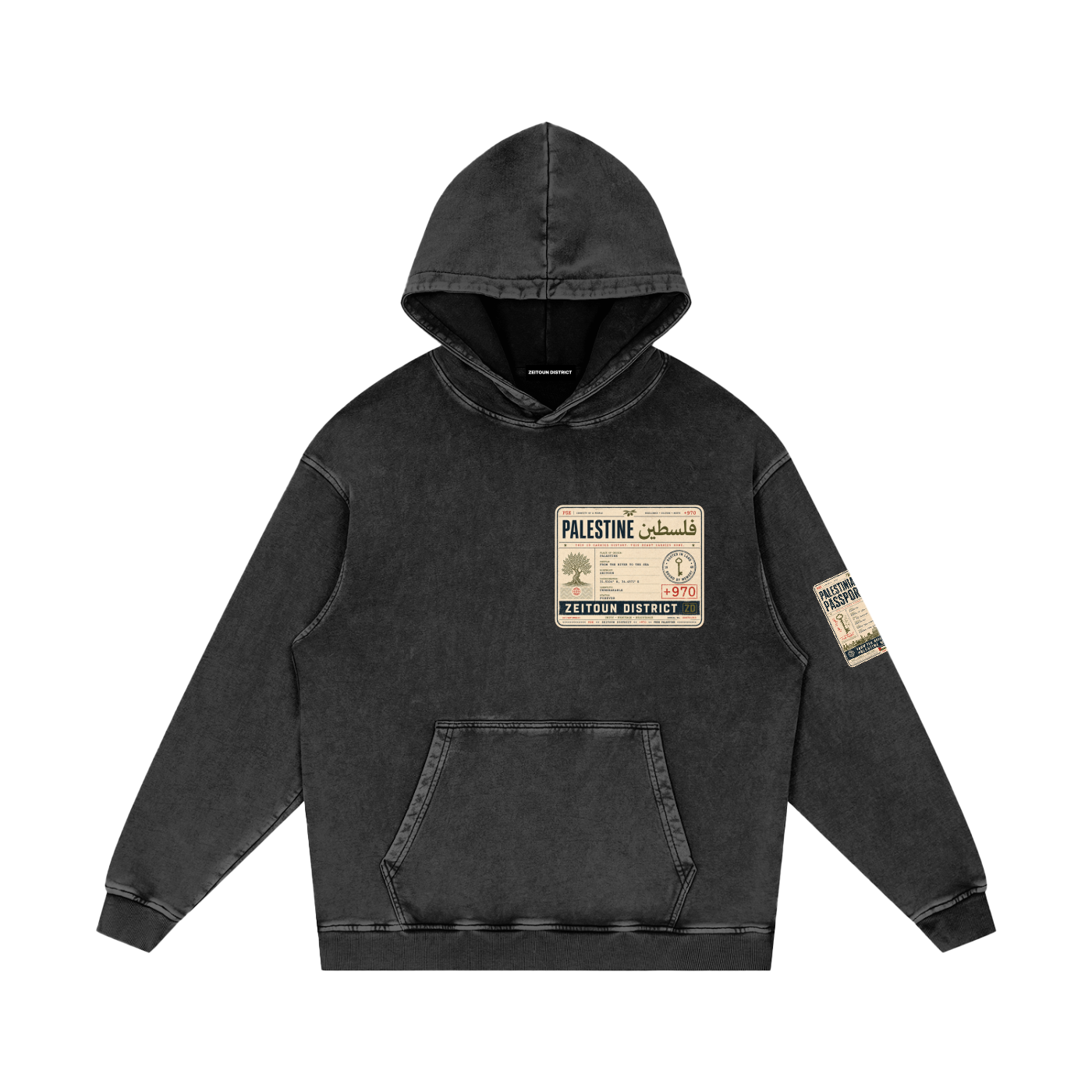 '+970 Palestine Passport Card Graphic Snow Washed Loose Cotton Hoodie