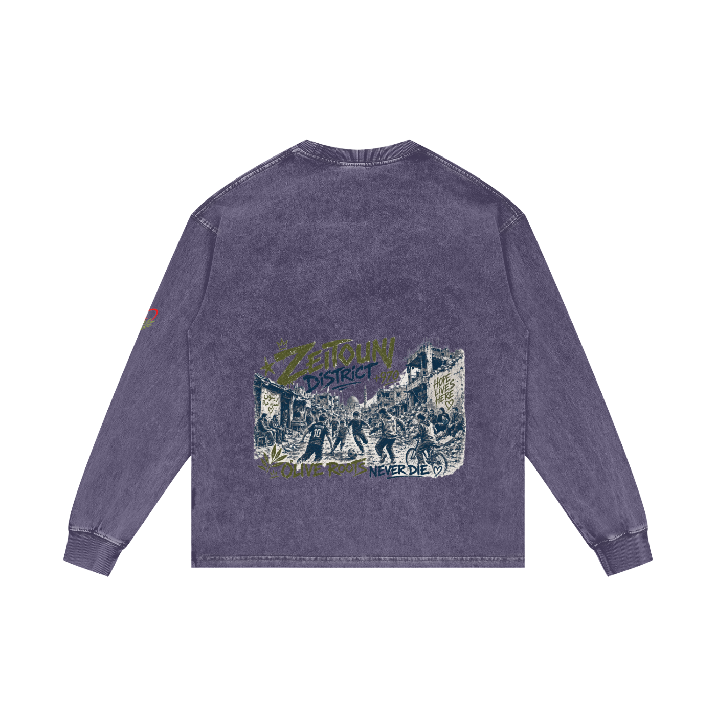 +970 Gaza Streets Olive Pulse Bird Wire Acid Wash Oversize Long Sleeve T-Shirt