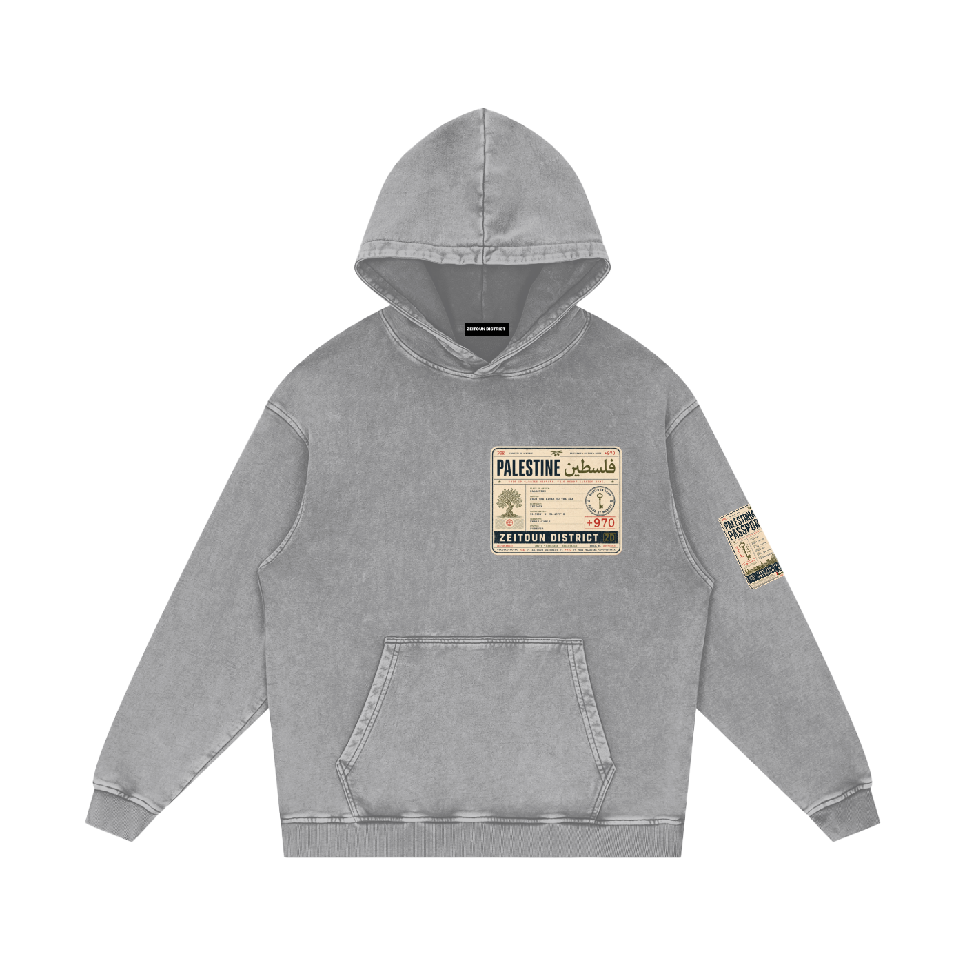'+970 Palestine Passport Card Graphic Snow Washed Loose Cotton Hoodie