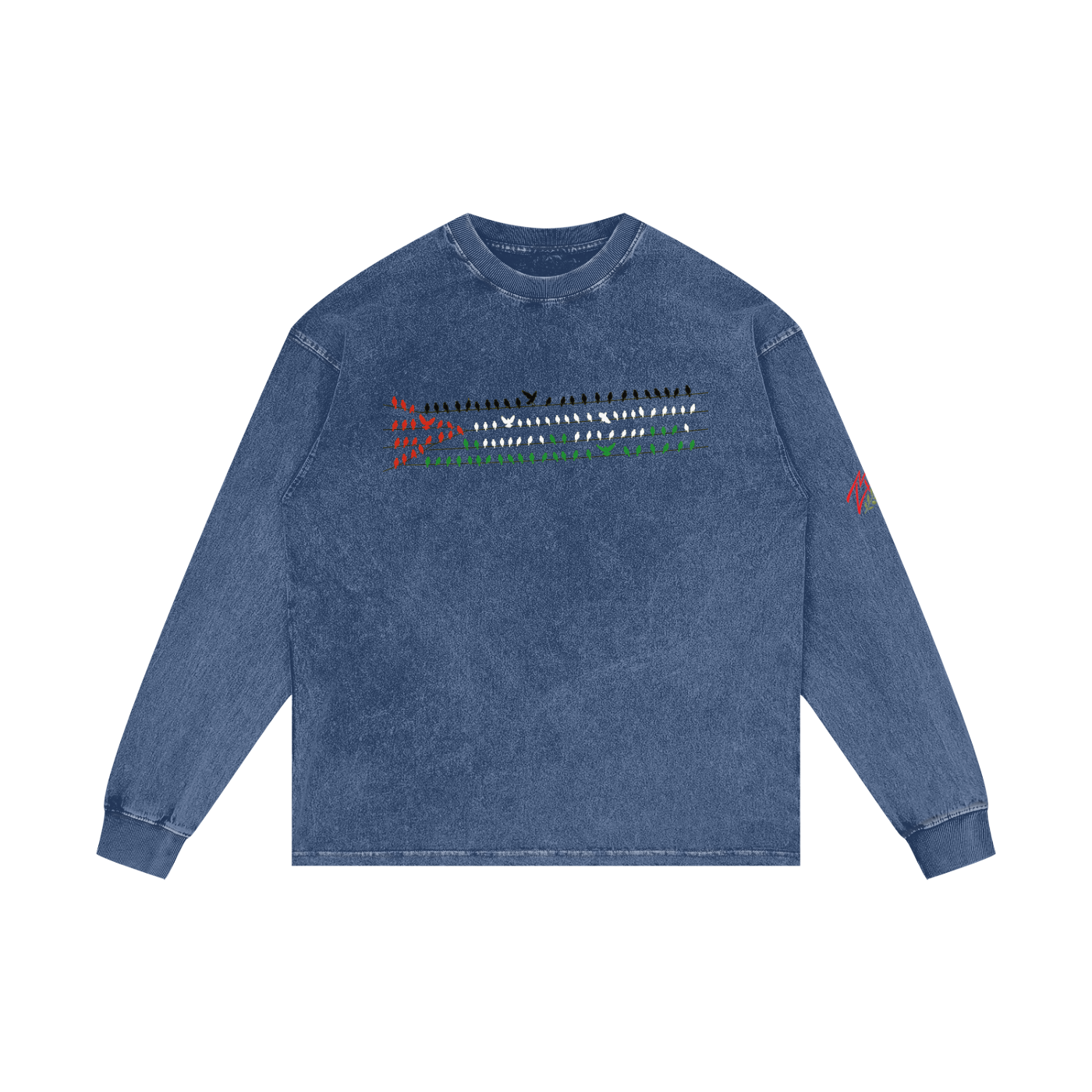 +970 Gaza Streets Olive Pulse Bird Wire Acid Wash Oversize Long Sleeve T-Shirt