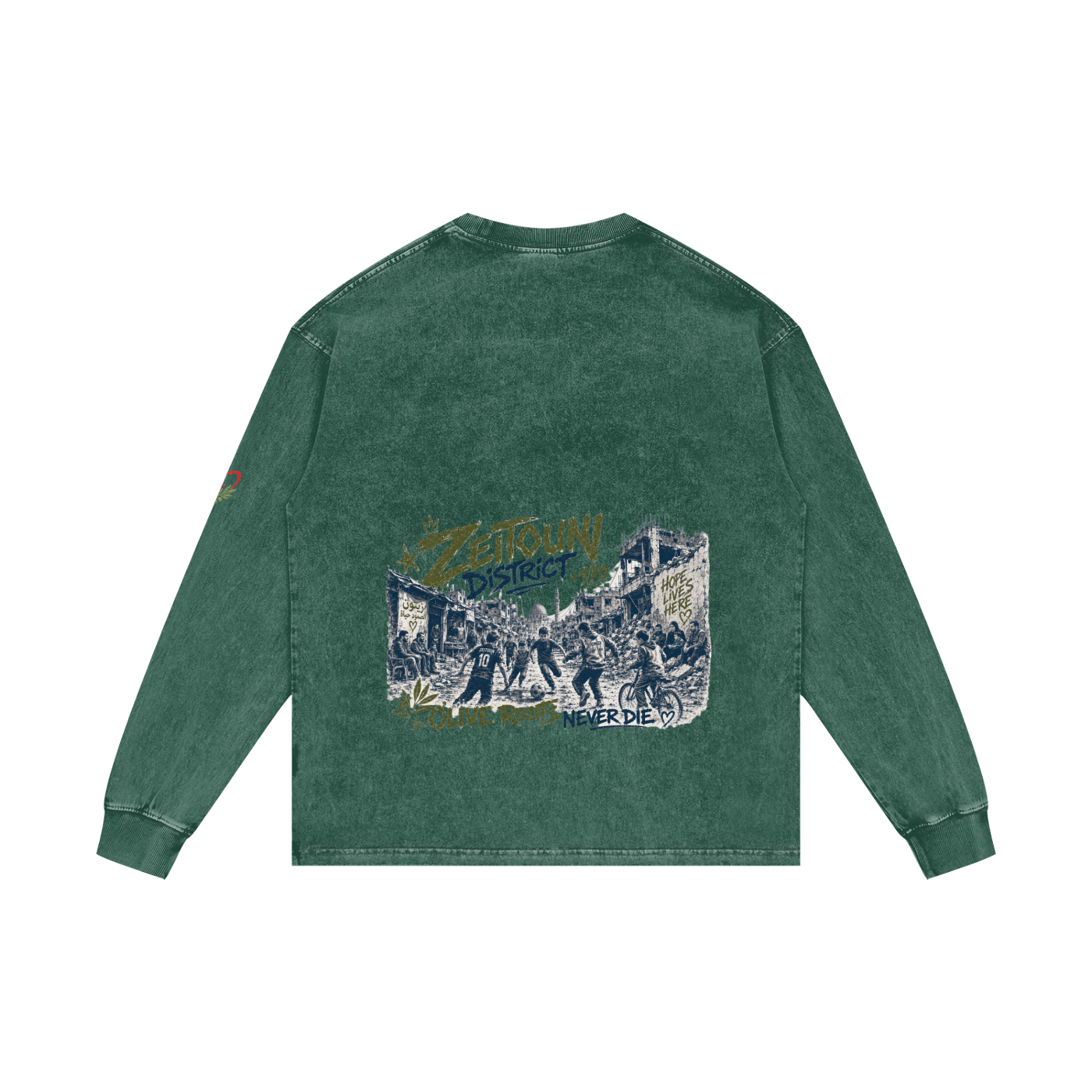 +970 Gaza Streets Olive Pulse Bird Wire Acid Wash Oversize Long Sleeve T-Shirt