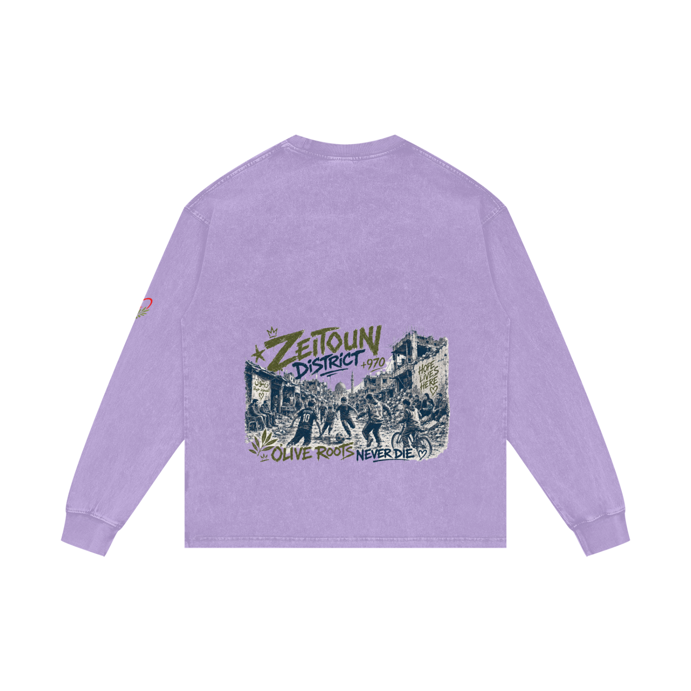 +970 Gaza Streets Olive Pulse Bird Wire Acid Wash Oversize Long Sleeve T-Shirt