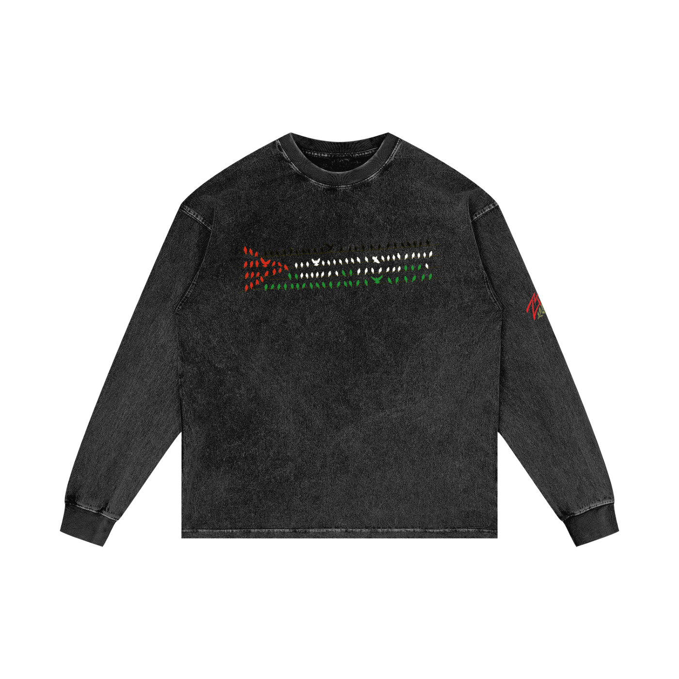 +970 Gaza Streets Olive Pulse Bird Wire Acid Wash Oversize Long Sleeve T-Shirt
