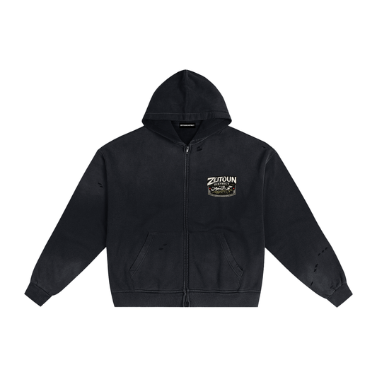 Zeitoun Olive Stamp Hand-Frayed Sunfade Zip Hoodie