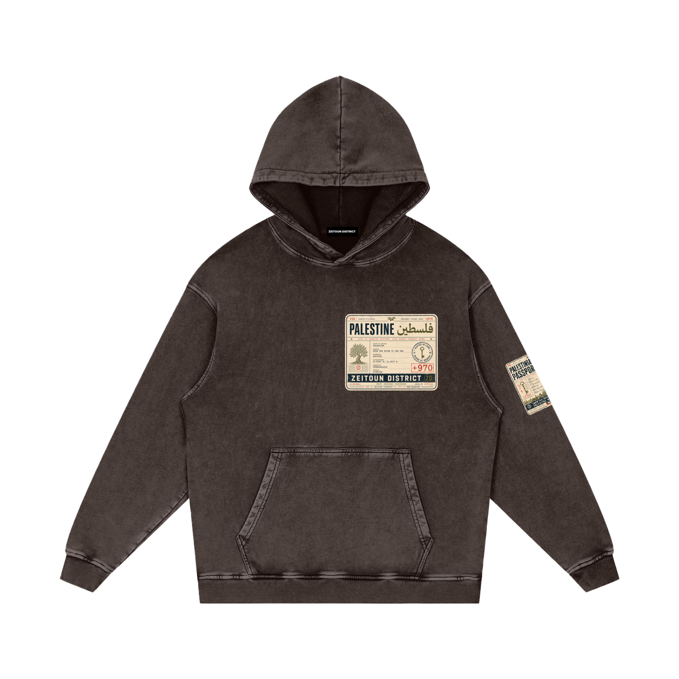'+970 Palestine Passport Card Graphic Snow Washed Loose Cotton Hoodie