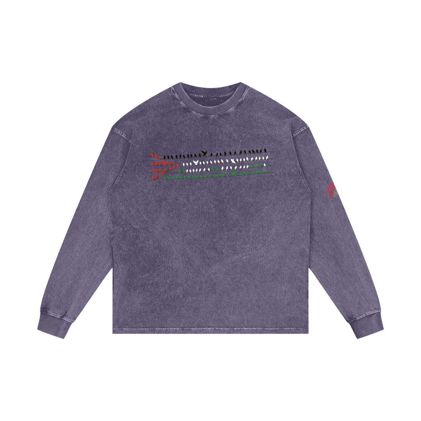 +970 Gaza Streets Olive Pulse Bird Wire Acid Wash Oversize Long Sleeve T-Shirt