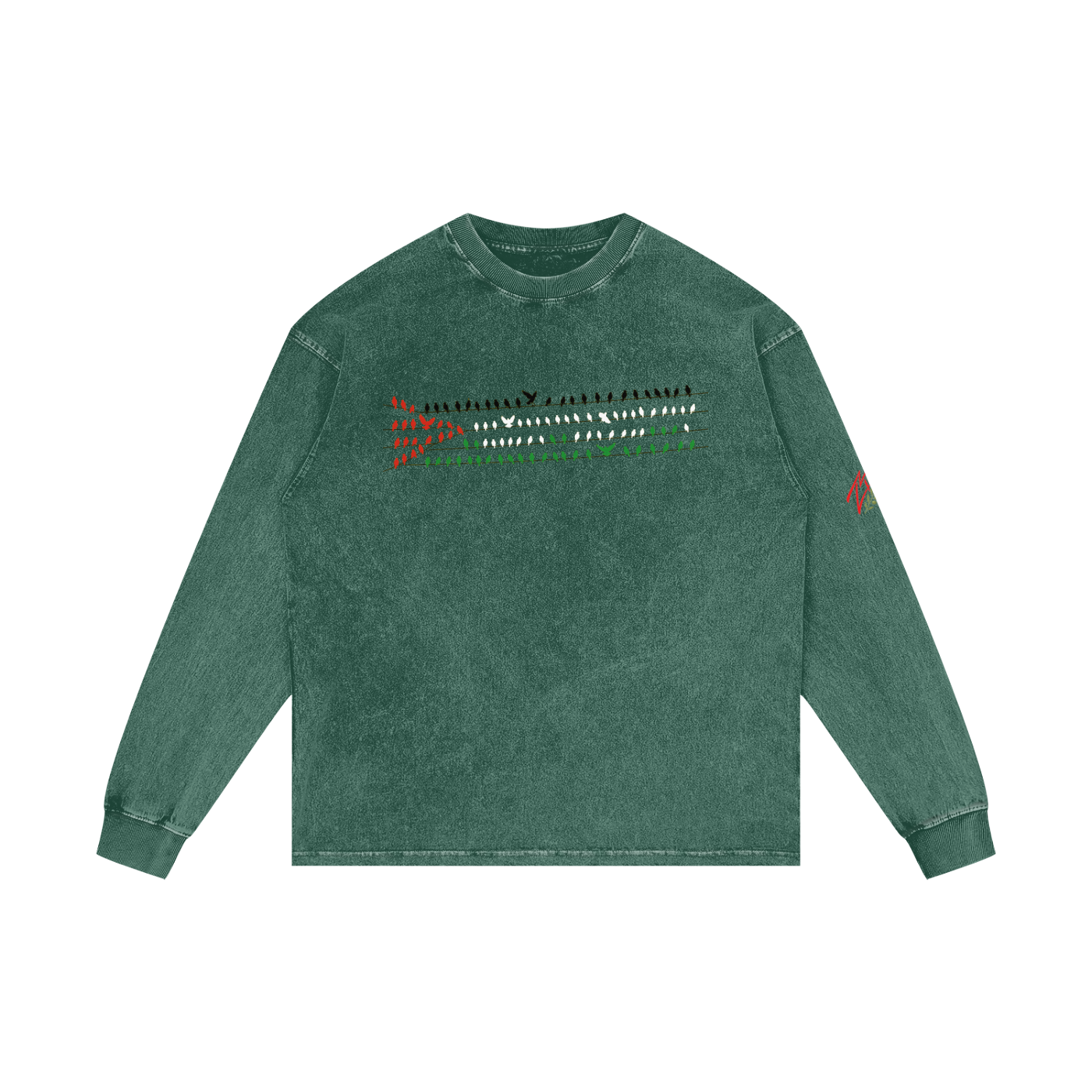+970 Gaza Streets Olive Pulse Bird Wire Acid Wash Oversize Long Sleeve T-Shirt