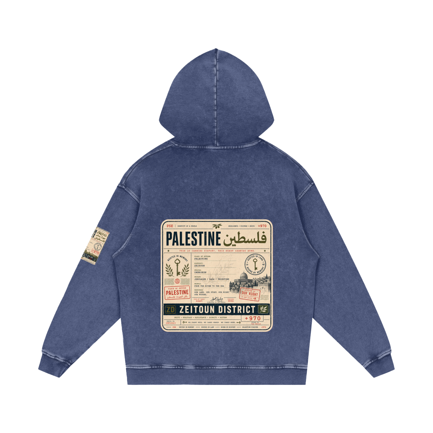 '+970 Palestine Passport Card Graphic Snow Washed Loose Cotton Hoodie