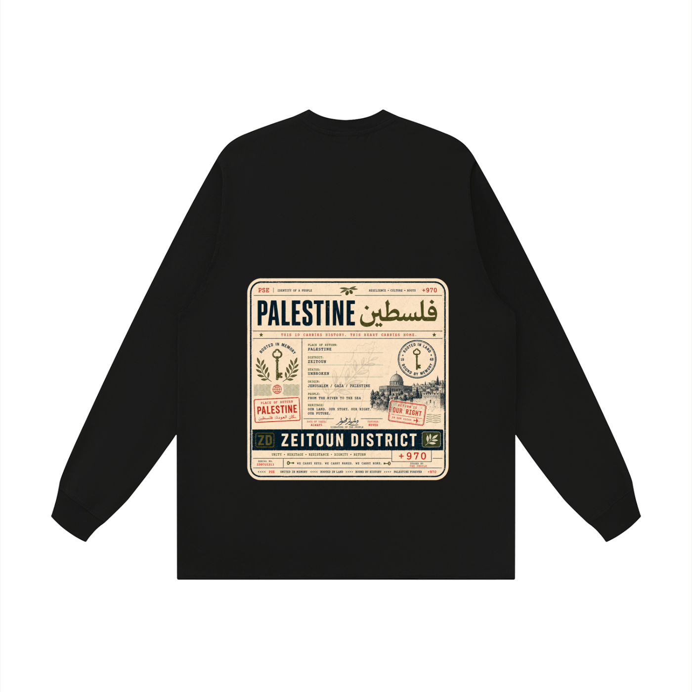 '+970 Palestine Passport Card Graphic Raw Hem Long Sleeve T-Shirt
