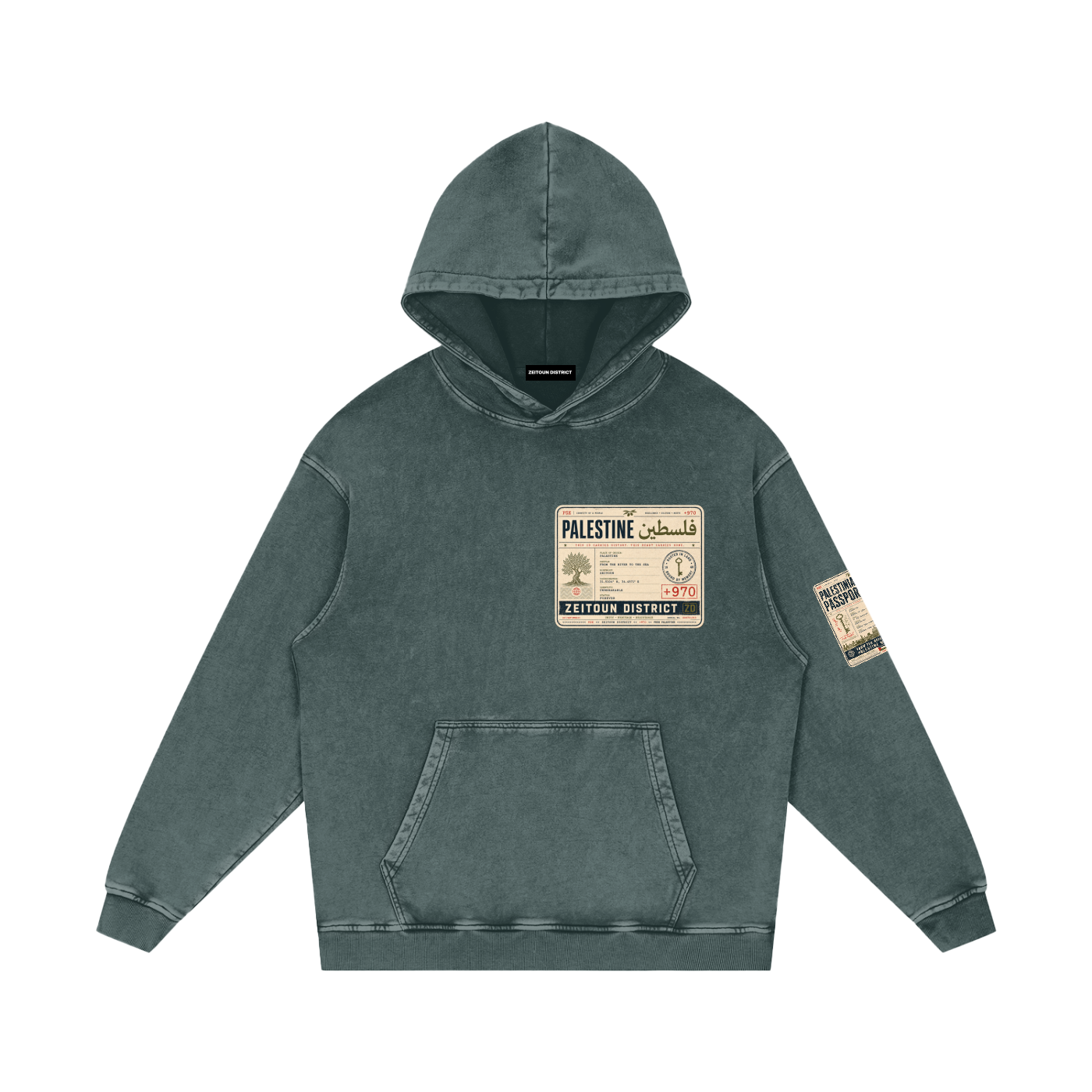 '+970 Palestine Passport Card Graphic Snow Washed Loose Cotton Hoodie